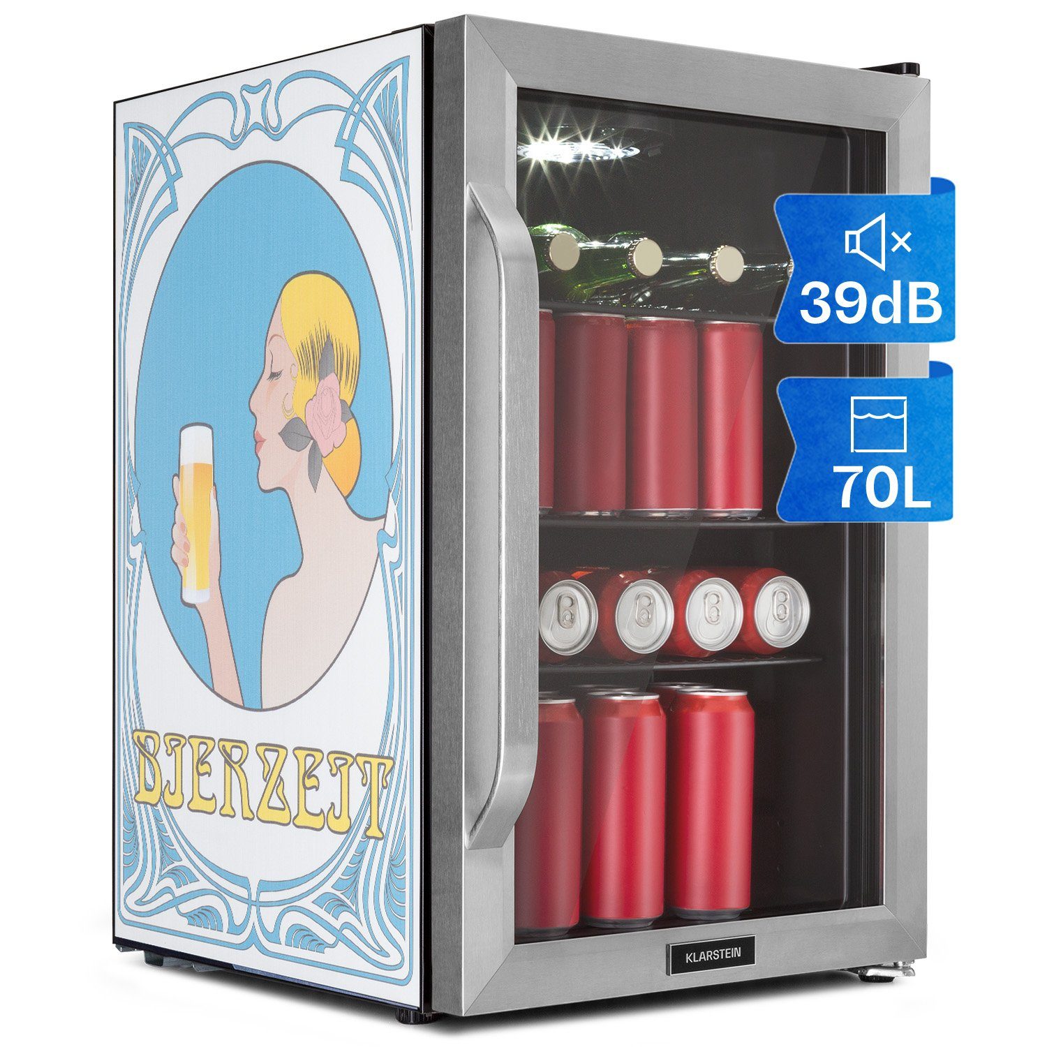 Klarstein Getränkekühlschrank HEA13-Beerzeit-SS 10041175, 67 cm hoch, 43 cm breit, Bierkühlschrank Getränkekühlschrank Flaschenkühlschrank mit Glastür