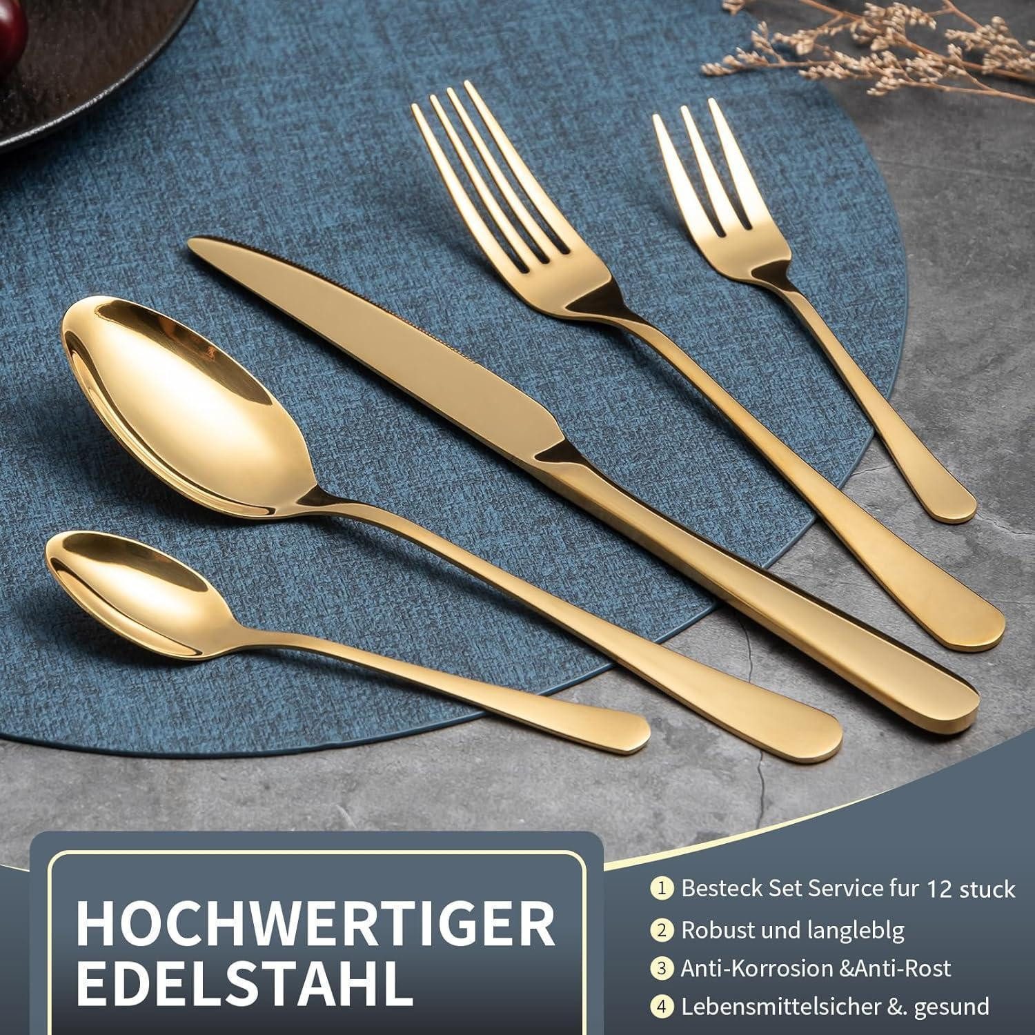 LuxusKollektion Besteck-Set Besteckset Edelstahl Spiegelpoliert Messer Gabel Löffel 60 Stück gold