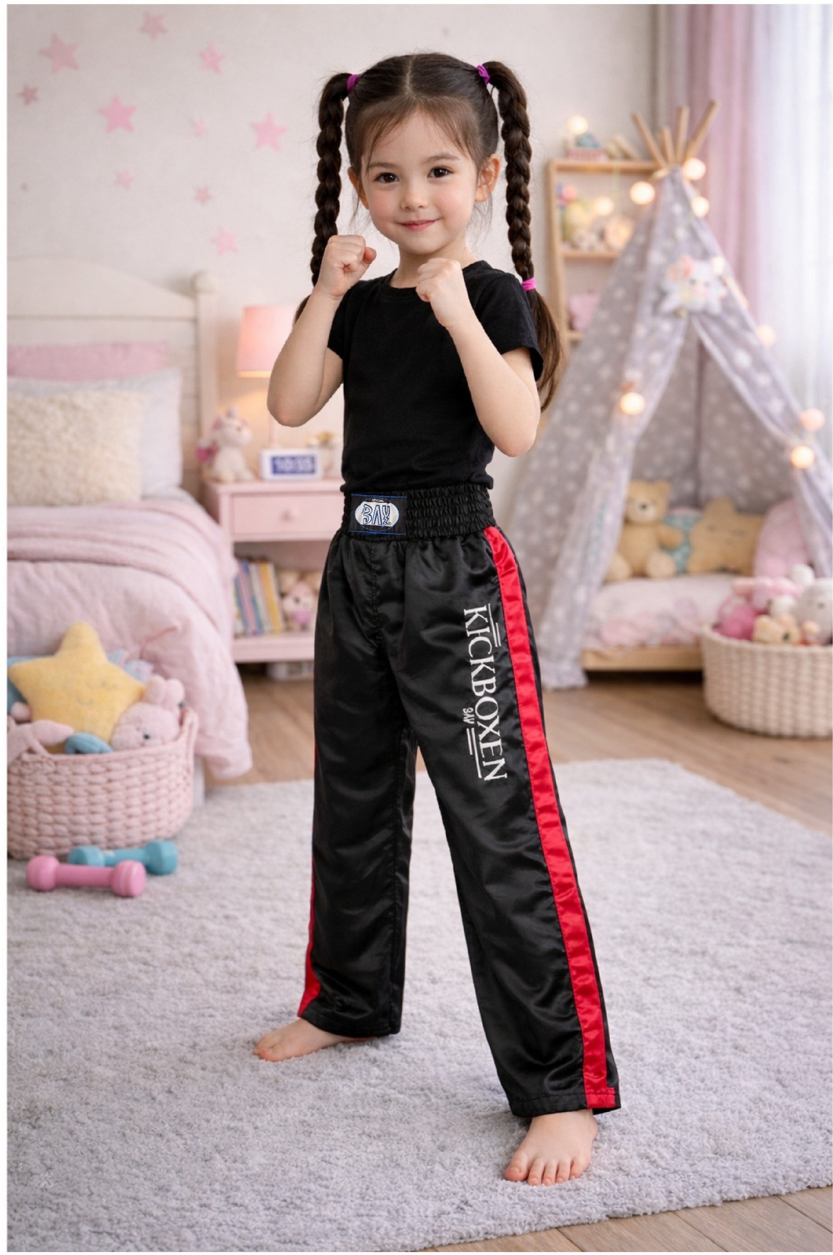 BAY-Sports Sporthose Kickboxhose EDEL STICK Hose lang Kickboxen Kampfsport lange, leichte, locker sitzende Trainingshose, Schwarz/Rot