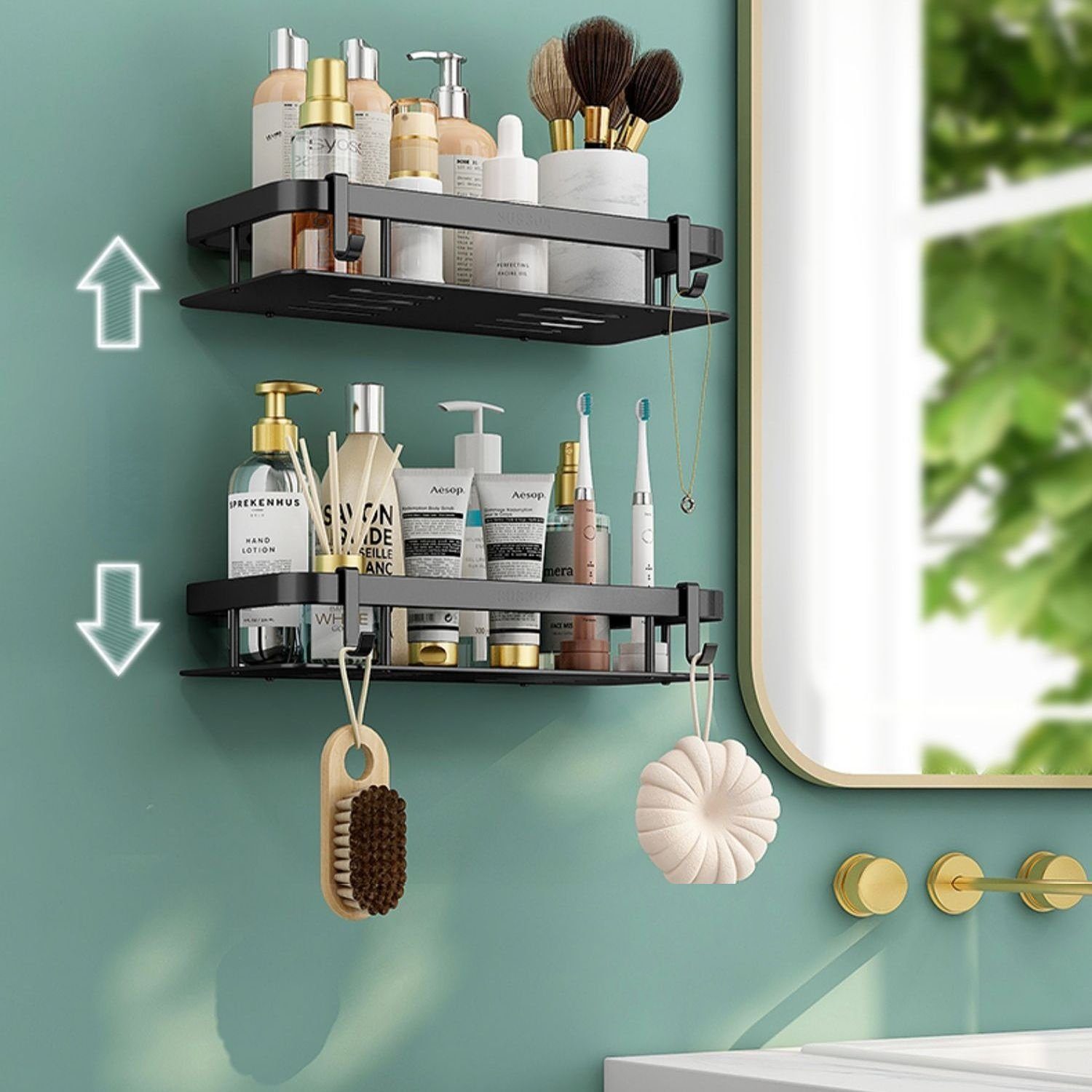 HOMEIDEAS Duschablage, Doppelschicht Bohren kein Duschablage, Schwarz -Organizer