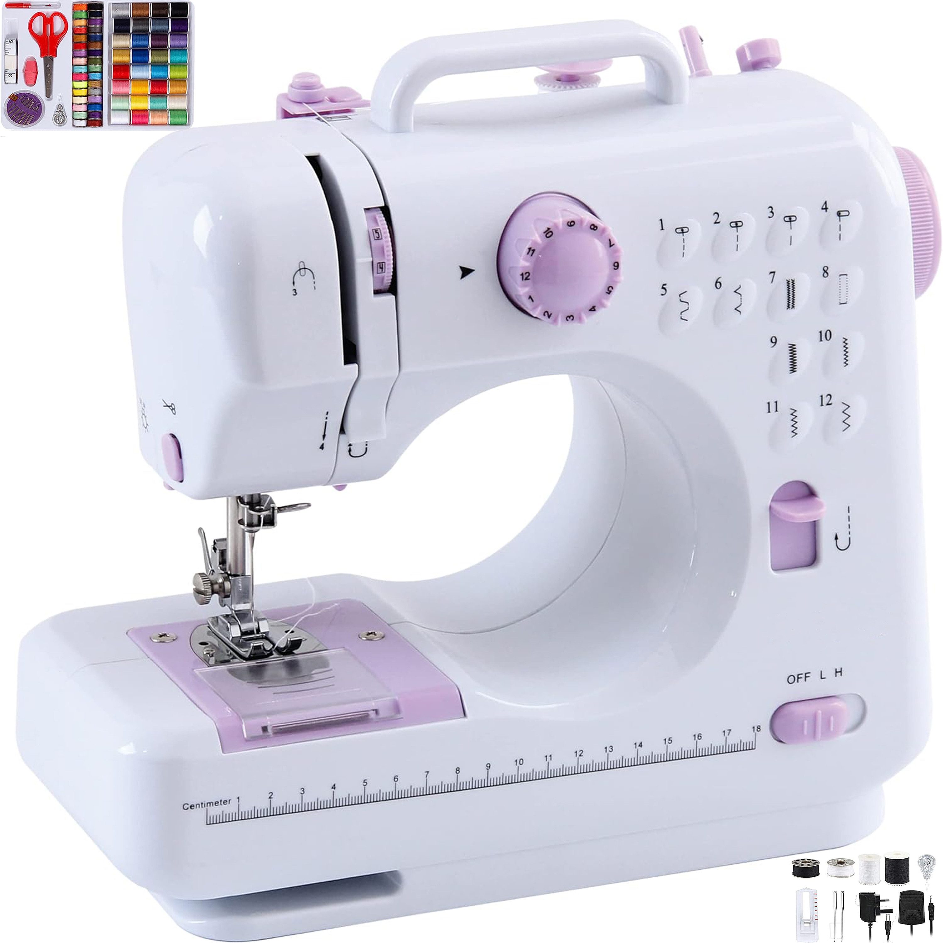 Forrlite Nähmaschine Nähmaschine für Anfänger, 12 Stichprogrammen, Elektrische Швейные машины, 12 Programme, Doppellinien,Freiarm-Nähmaschine mit LED-Nählicht,Fußpedal,Nähset