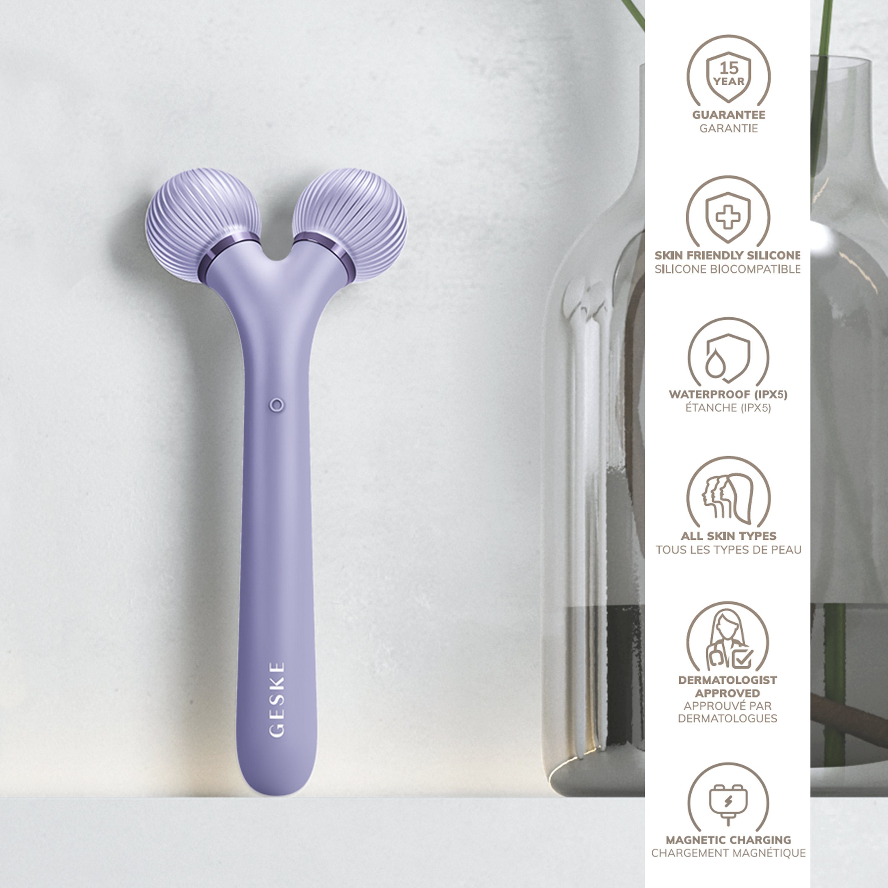 GESKE German Mit USB-Ladekabel), 2-tlg., deine kostenloser Dermaroller Facial Tech personalisierte Sonic 4 Hautpflegeroutine. in inkl. Packung App erhältst Du 1, (SmartAppGuided Device), Roller Beauty APP GESKE Gerät & (Gerät Purple der SmartAppGuided™