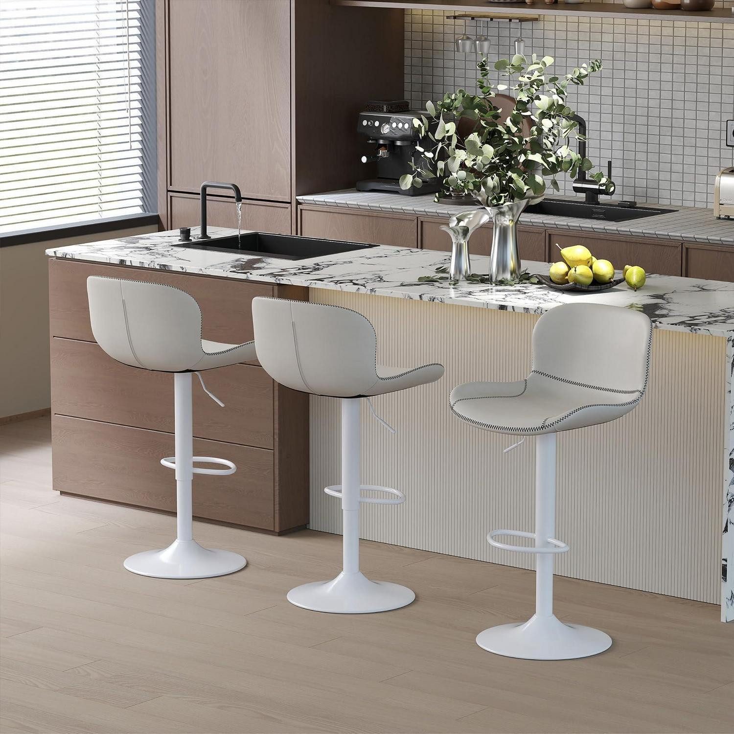 Barhocker Barhocker Höhenverstellbar Kunstleder Lehne Drehbar 3er Weiß 3er-Set