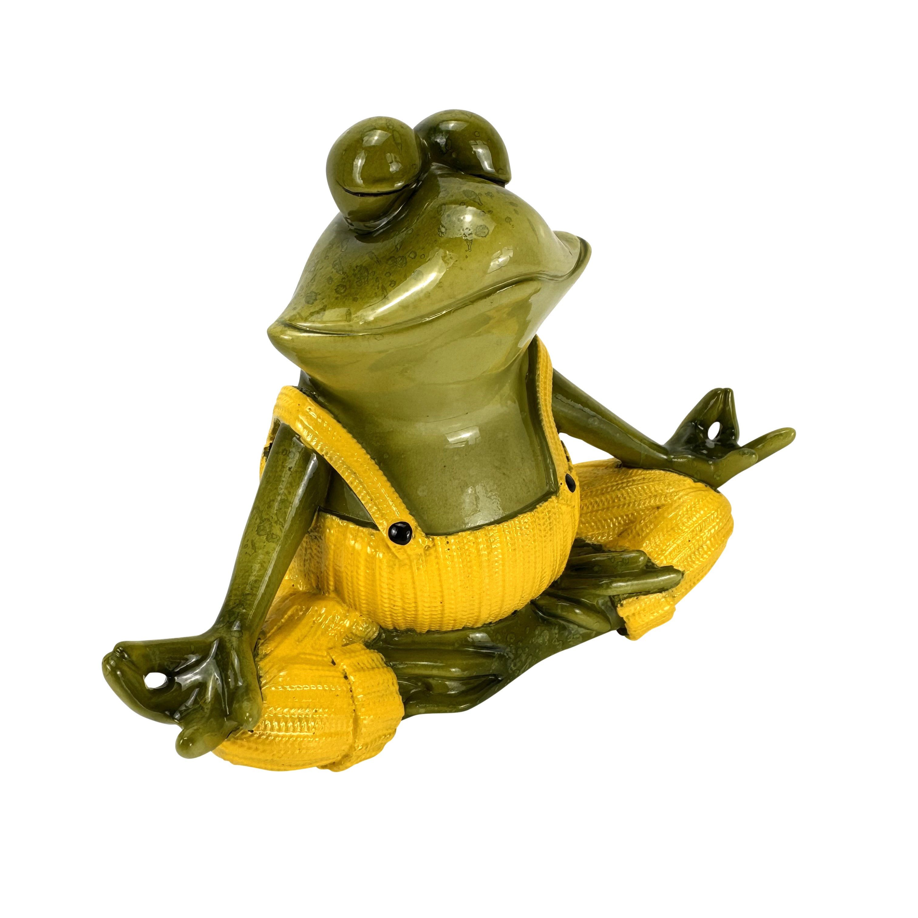 Online-Fuchs Gartenfigur für draußen - Yoga Frosch - Deko Figuren für Garten, Balkon & Terrasse, (gelbe oder orange Latzhose), aus langlebigem Kunstharz gefertigt, wetterfest - 19 oder 31,5 cm groß
