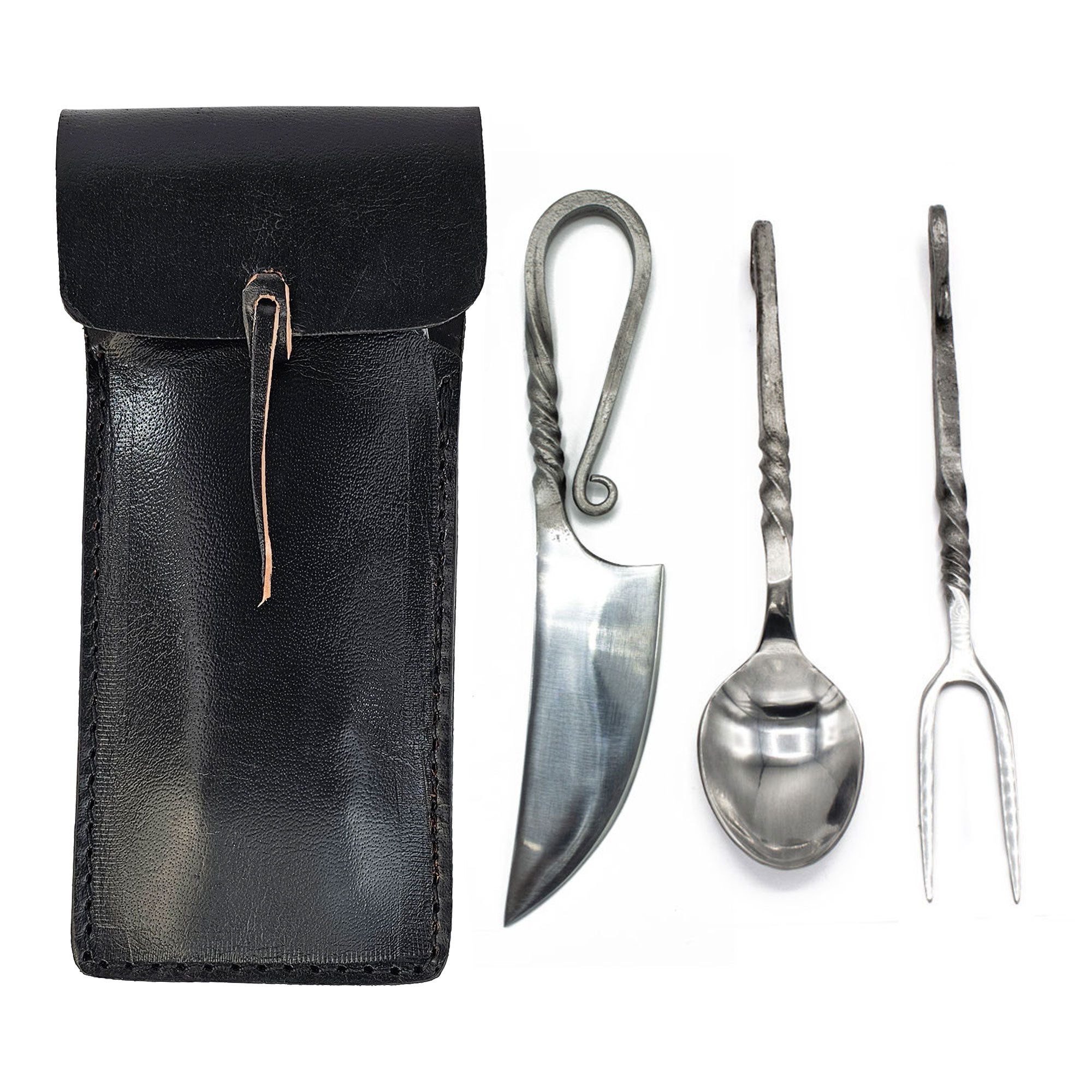 Besteck-Set Fuhrmannsbesteck Messer Gabel Löffel Edelstahl mit Ledertasche schwarz