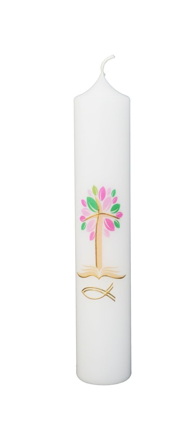 INNA-Glas Stumpenkerze Kirchenfeier Kerze ABBONDIO, verziert, weiß-gold-rosa, 26,5cm, Ø5cm