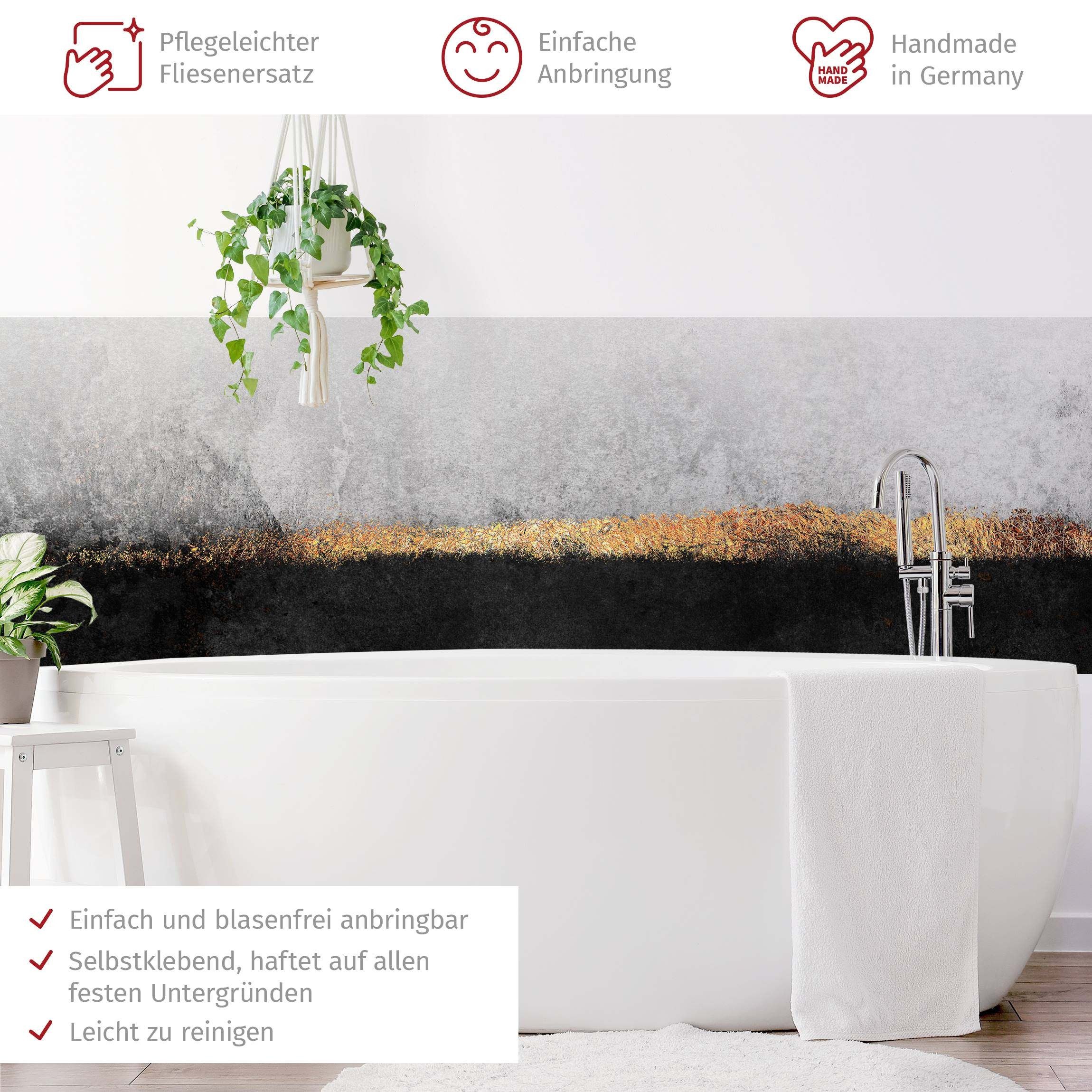 Bilderdepot24 Badrückwand schwarz weiss fugenlose Wandverkleidung Bad Abstrakt, (Hartfolie matt » Selbstklebend SMART 0,35 mm), wasserfestes Wandpaneel Abstrakter Goldener Horizont