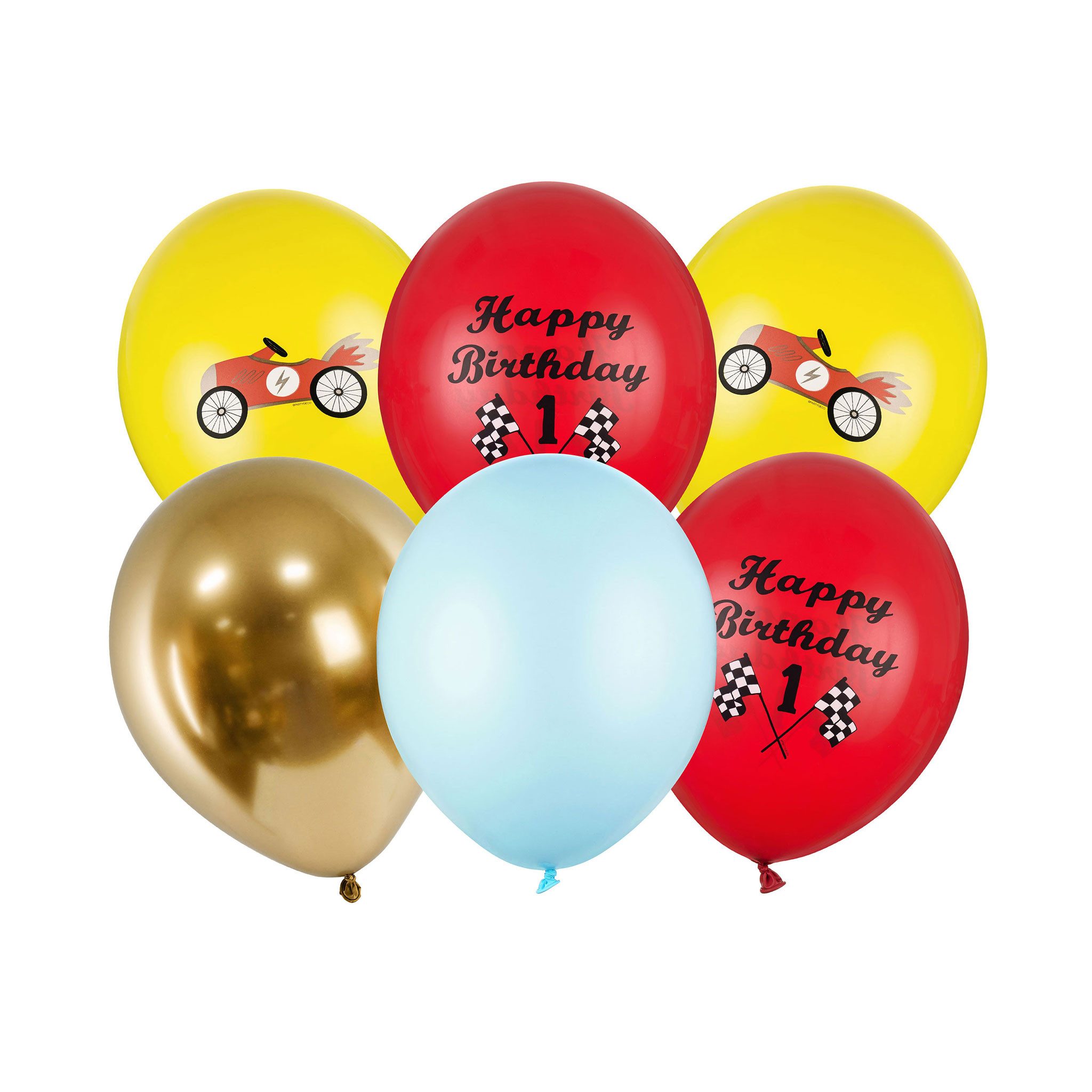 partydeco Luftballon, Luftballons Happy Birthday Rennauto 30cm Rot / Gelb 6er Set