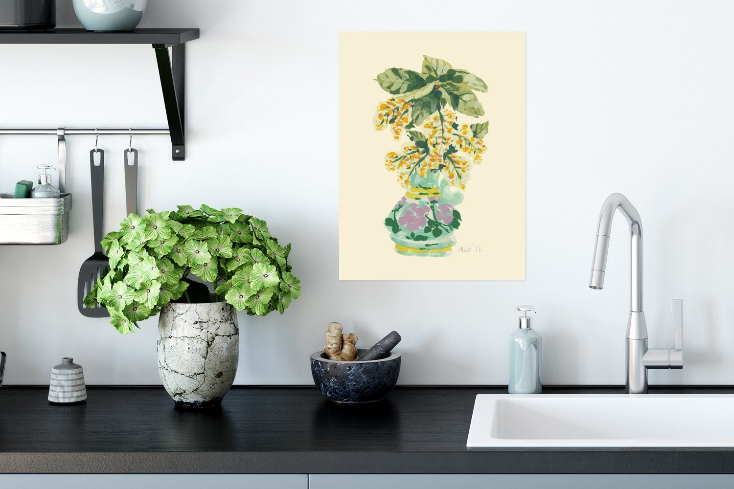 Poster, St), für Rahmen - Poster MuchoWow Wandbild, - Wandposter - Wohnzimmer, Pflanzen Ohne Abstrakt (1 Gelb, Grün