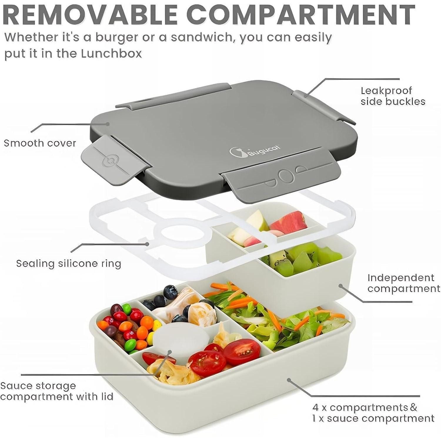 LuxusKollektion Lunchbox Brotdose Kinder 1300ml Fächer Auslaufsicher Bento Besteck Set grau