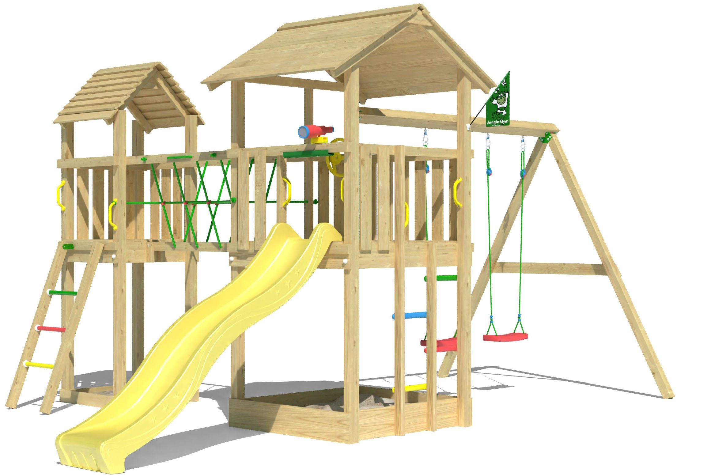 Jungle Gym Spielturm Nova, Spielanlage mit 2 Türmen, Schaukel und Rutsche mit Wasseranschluss