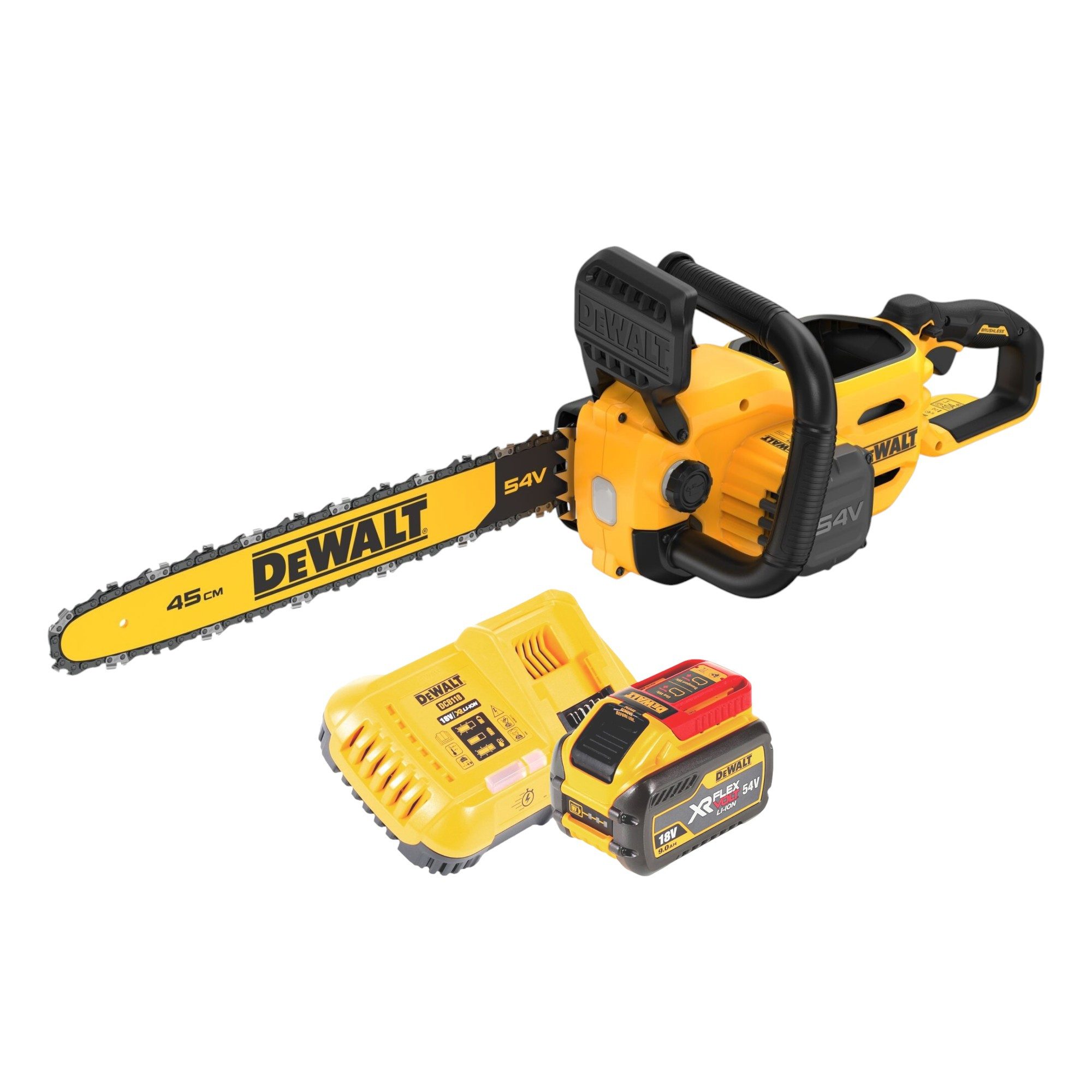 DeWalt Benzin-Kettensäge DCMCS 574 X1 54 V FlexVolt 45 cm Brushless + 1x Akku 9,0Ah + Ladegerät