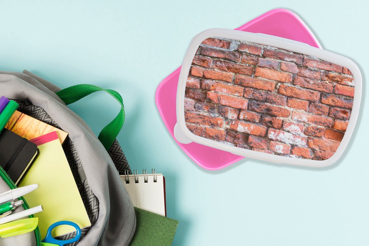 Kunststoff rosa Mauerwerk MuchoWow Erwachsene, Brotdose Mädchen, Kinder, Wand Snackbox, Kunststoff, - Lunchbox (2-tlg), für Ziegel, - Brotbox