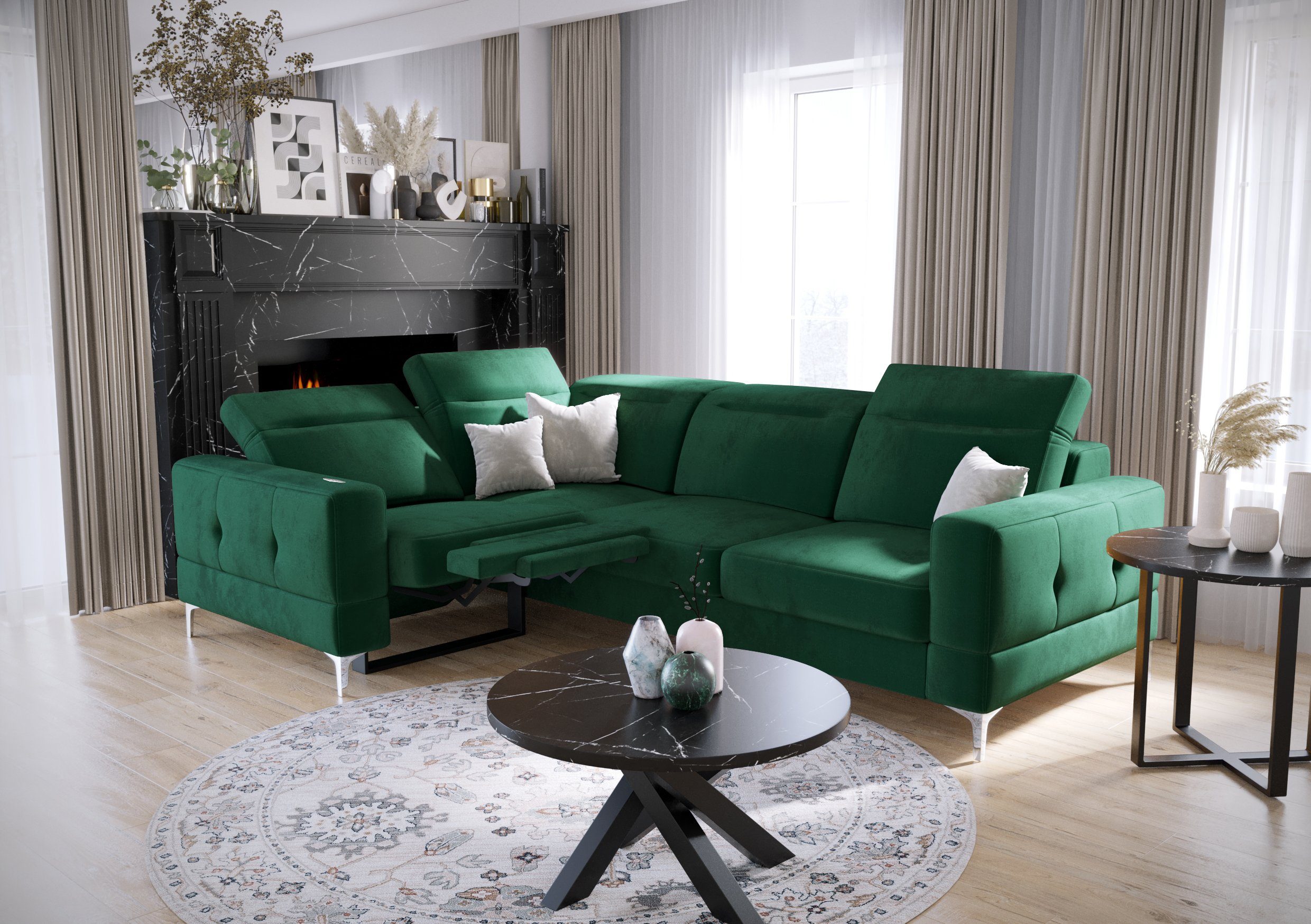 Möbel für Dich Relax, Ecksofa Relaxfunktion, Malibu grün Veloursstoff mit 20 mit Element mit Farbauswahl, Schlaffunktion Stoff-und
