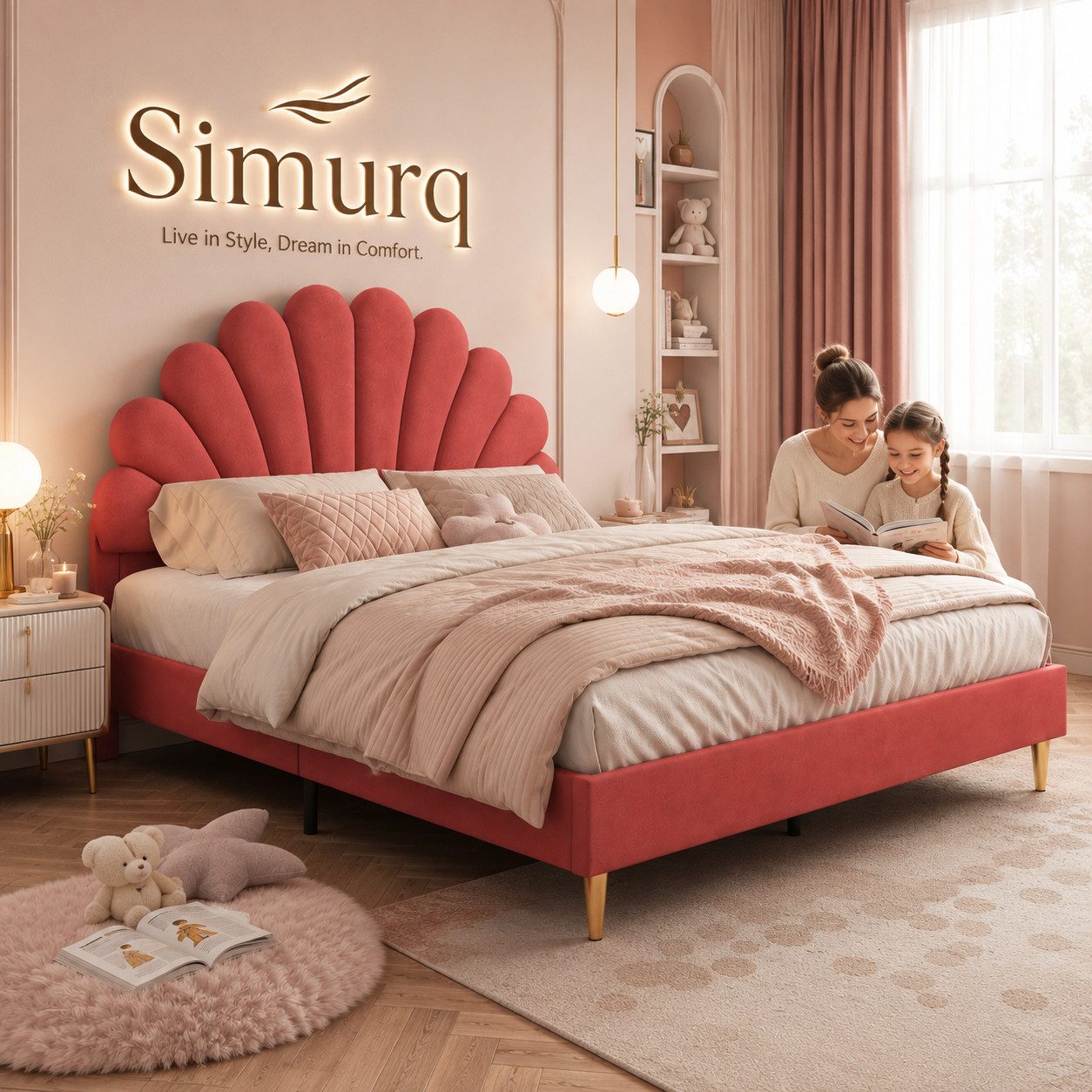 Simurq Polsterbett Kinderbett 140x200 für Mädchen,Bettgestell mit Lattenrost,Samtstoff (Versand in 2 Paketen, Mädchen Bett für kinder/Erwachsenen,Ohne Matratze), Prinzessin Bett, Beige Doppelbett mit Kopfteil in Blumenform