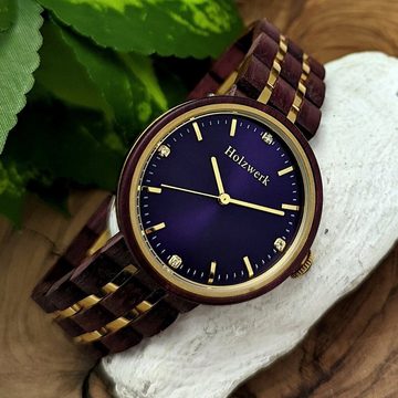 Holzwerk Quarzuhr MARLOW edle Damen Strass Holz Armband Uhr in lila, braun & gold