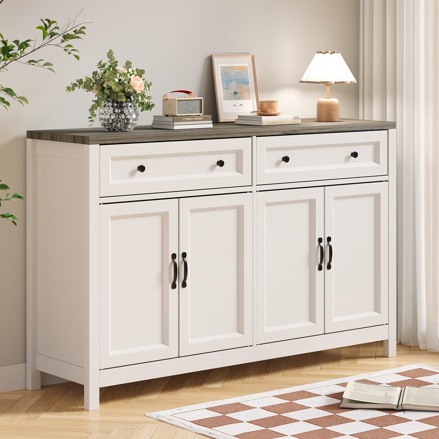 Bealife Sideboard Küchenschrank mit Arbeitsplatten,mit 2 Schubladen 4 Türen,Weiß