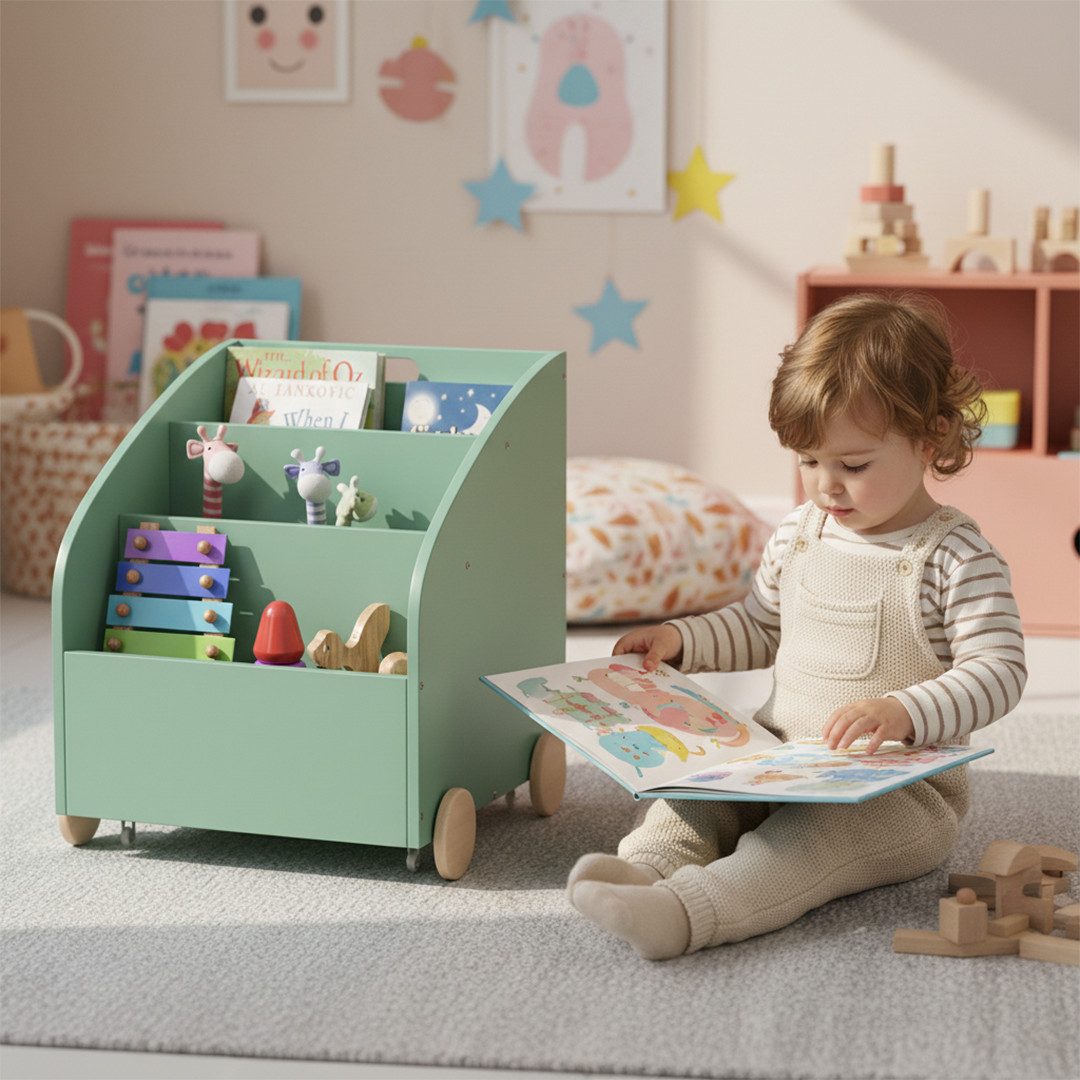 Bellabino Kinderregal Towy mit Rollen und Geheimfach, Spielzeugregal Bücherregal für Kinder mit Geheimfach auf der Rückseite, 3 Ablagefächer für Bücher & Spielzeug