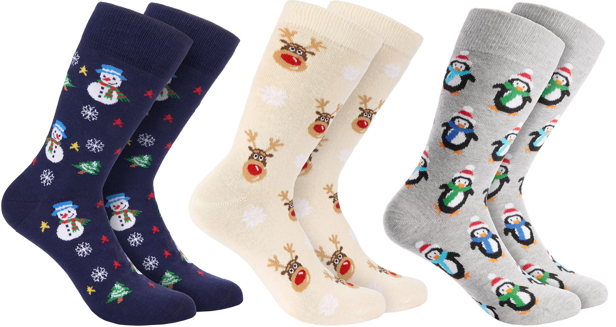 BRUBAKER Socken 3 Paar Weihnachtssocken - Lustige Socken für Damen und Herren (mit Weihnachtsmotiven - Schneemann, Rentier und Pinguine, 3-Paar, Baumwollsocken) - Blau, Beige und Grau - Geschenk Weihnachten