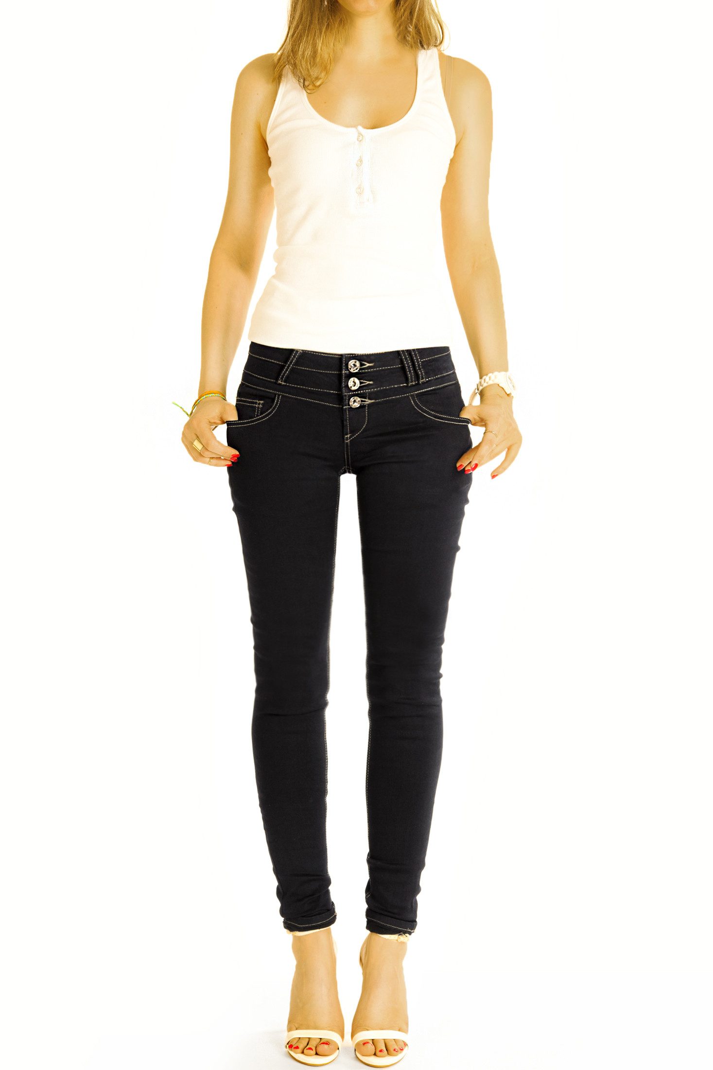 be styled Skinny-fit-Jeans Hüftige Skinny Jeans stretchige Röhrenjeans Drei-Knopf-Bund - j16L-1 Drei-Knopf-Bund