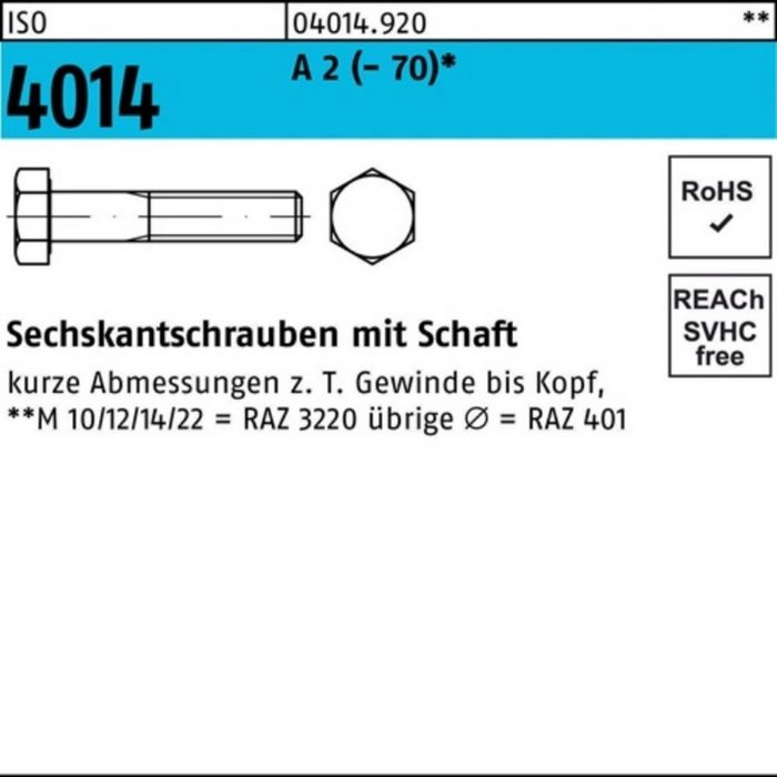 Sechskantschraube 100er Pack Sechskantschraube ISO 4014 Schaft M22x 180 A 2 (70) 1 St
