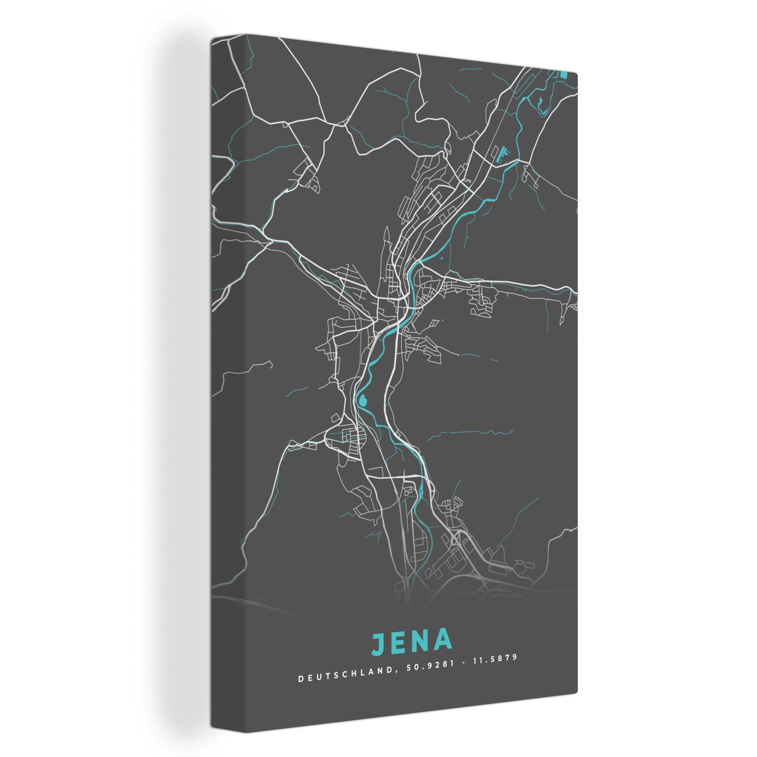OneMillionCanvasses® Leinwandbild Stadtplan - Karte - Jena - Blau - Deutschland - Karte, (1 St), Leinwandbild fertig bespannt inkl. Zackenaufhänger, Gemälde, 20x30 cm