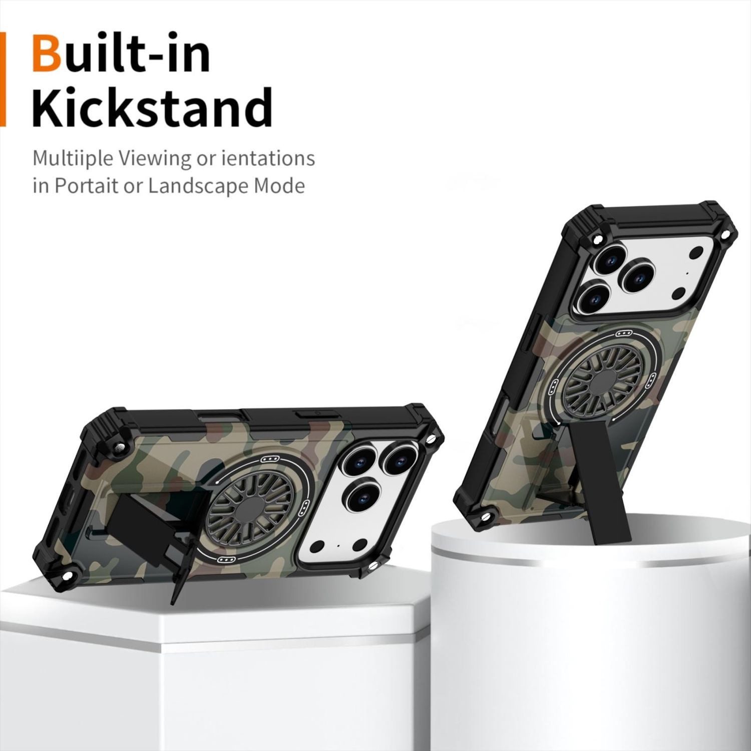 Wigento Handyhülle Für Apple iPhone 17 Pro Camouflage MagSafe Ring Kickstand Hülle Grün, Camouflage MagSafe Hülle mit 360 Grad Kickstand
