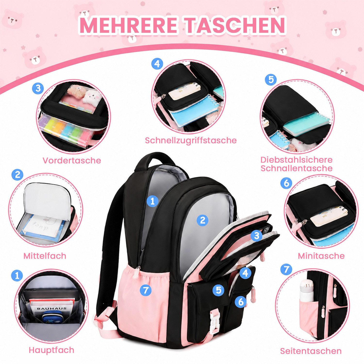 MOPUEA Schulrucksack Atmungsaktiv Schulrucksack Rucksack Schultasche Kawaii Büchertasche (Mit 3 süßen Anhängern), Turnbeutel Lässiger Schulranzen Jungen Teenage – Bild 3 von 5