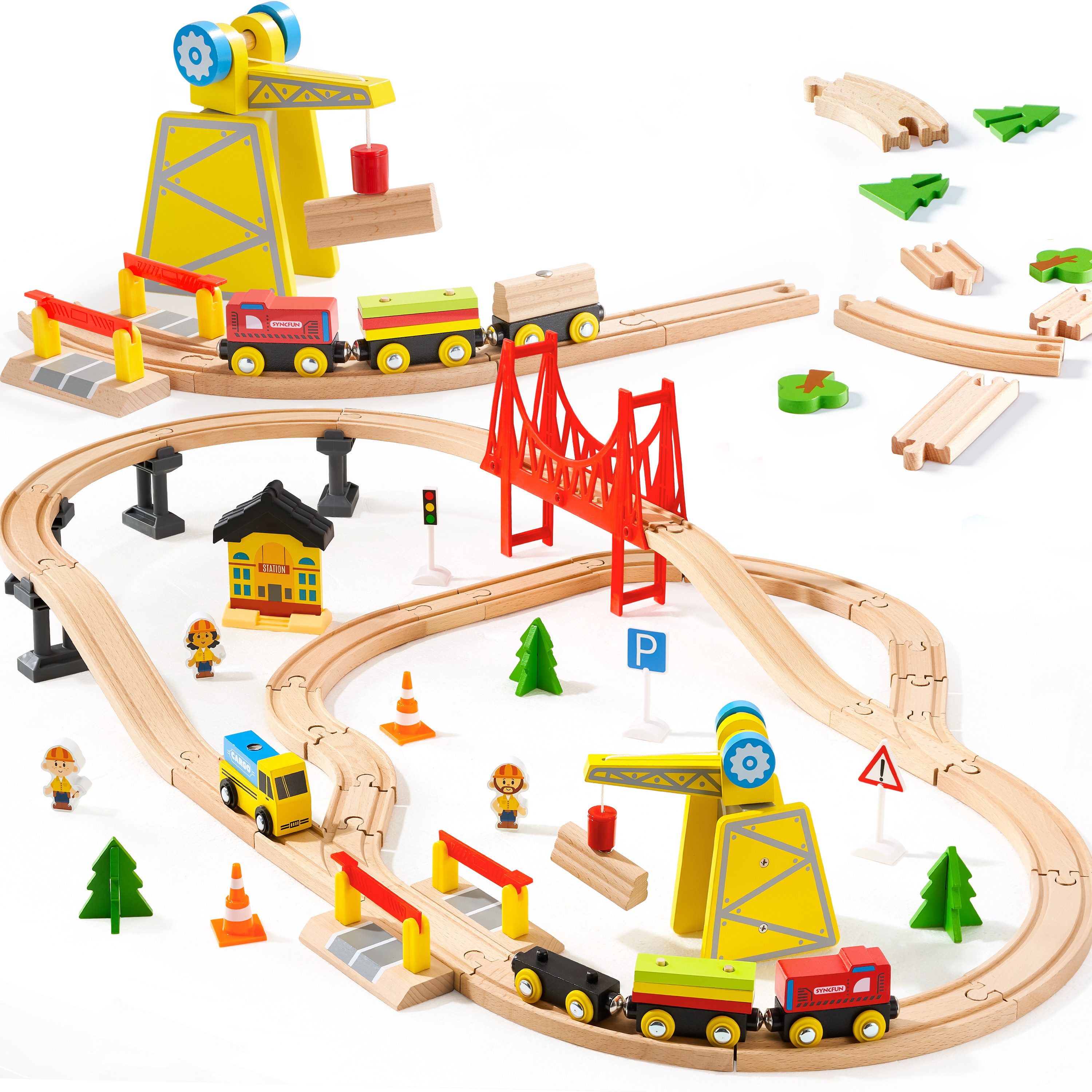 SYNCFUN Spielzeugeisenbahn-Set SYNCFUN 60-teiliges Montessori Holzeisenbahn Set Spielzeug ab 3 Jahren, (60-tlg)