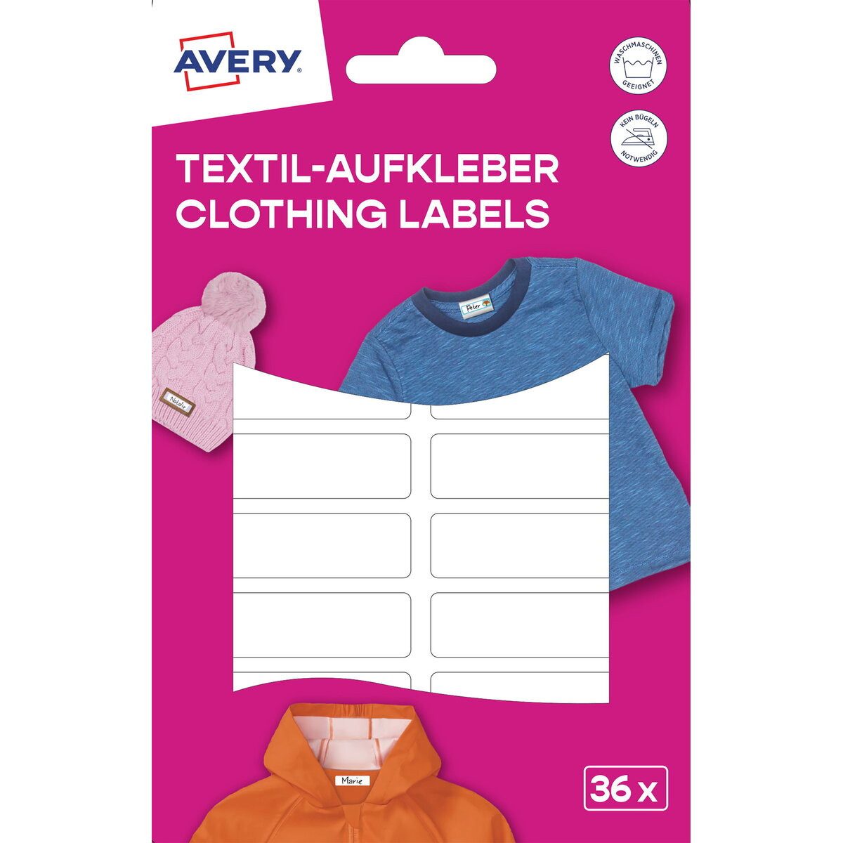 Avery Zweckform Etiketten Textilaufkleber 45x13mm 36 Stück Motiv weiß