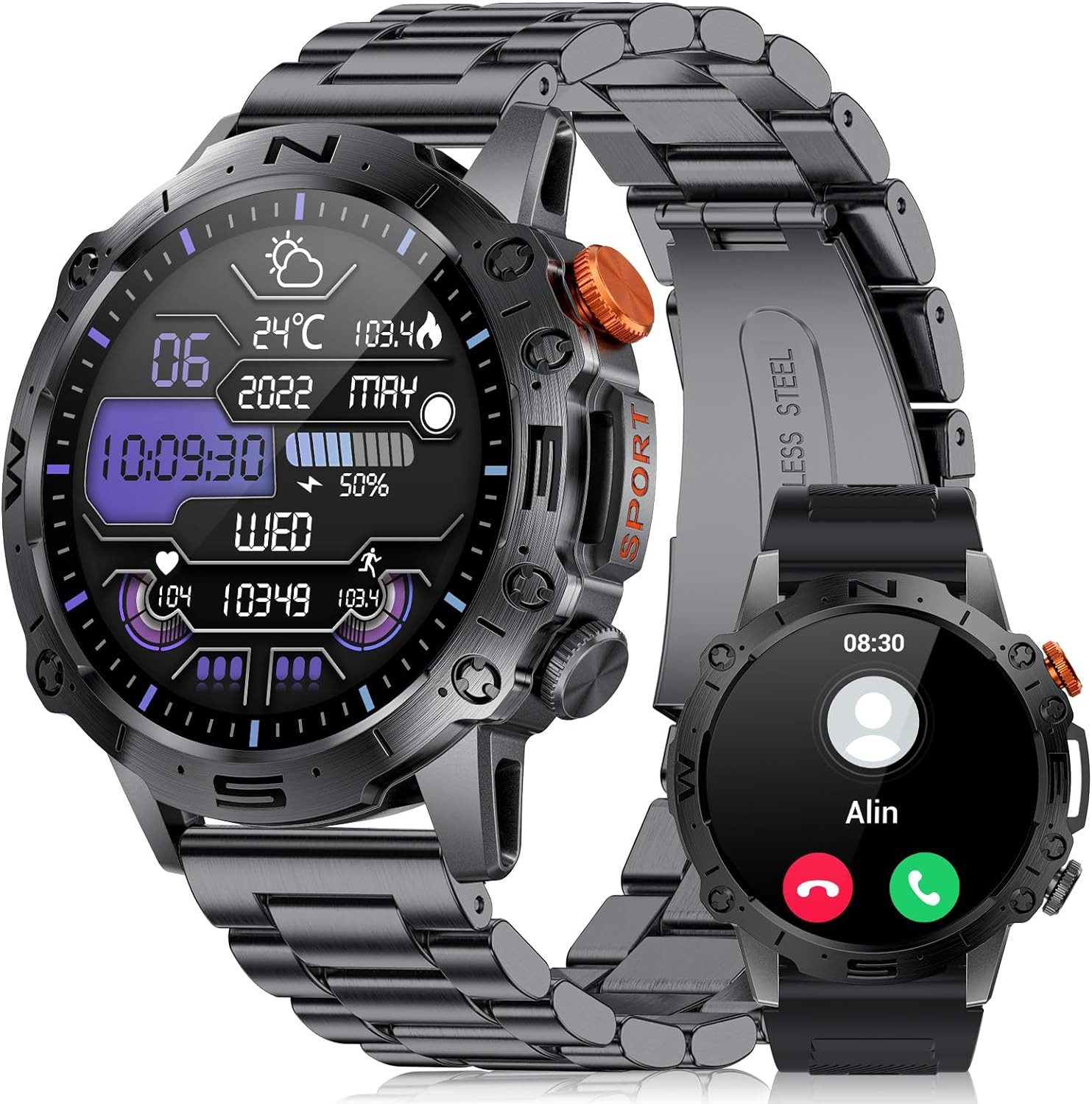 Lige Herren's Militär IP68 Wasserdicht Fitness-Tracker Smartwatch (1,43 Zoll, Android/iOS), mit 110 Sportmodi Schlafmonitor Aktivitätstracker Anrufe & Nachrichten