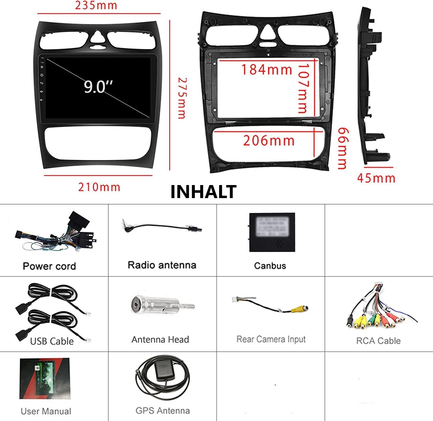 für 12 Autoradio Navi GABITECH Benz zoll 9 GPS S203 Android Mercedes BT Autoradio W203