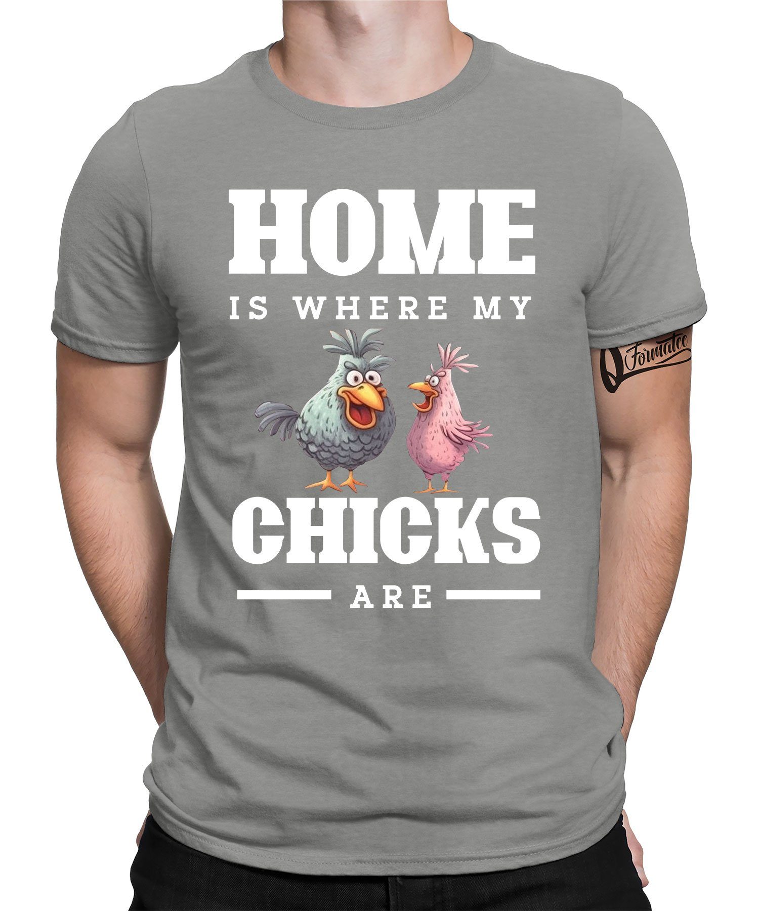 Quattro Formatee Kurzarmshirt Home Chicks - Huhn Hahn Chicken Bauern Hühner Herren T-Shirt (1-tlg) Heather Grau