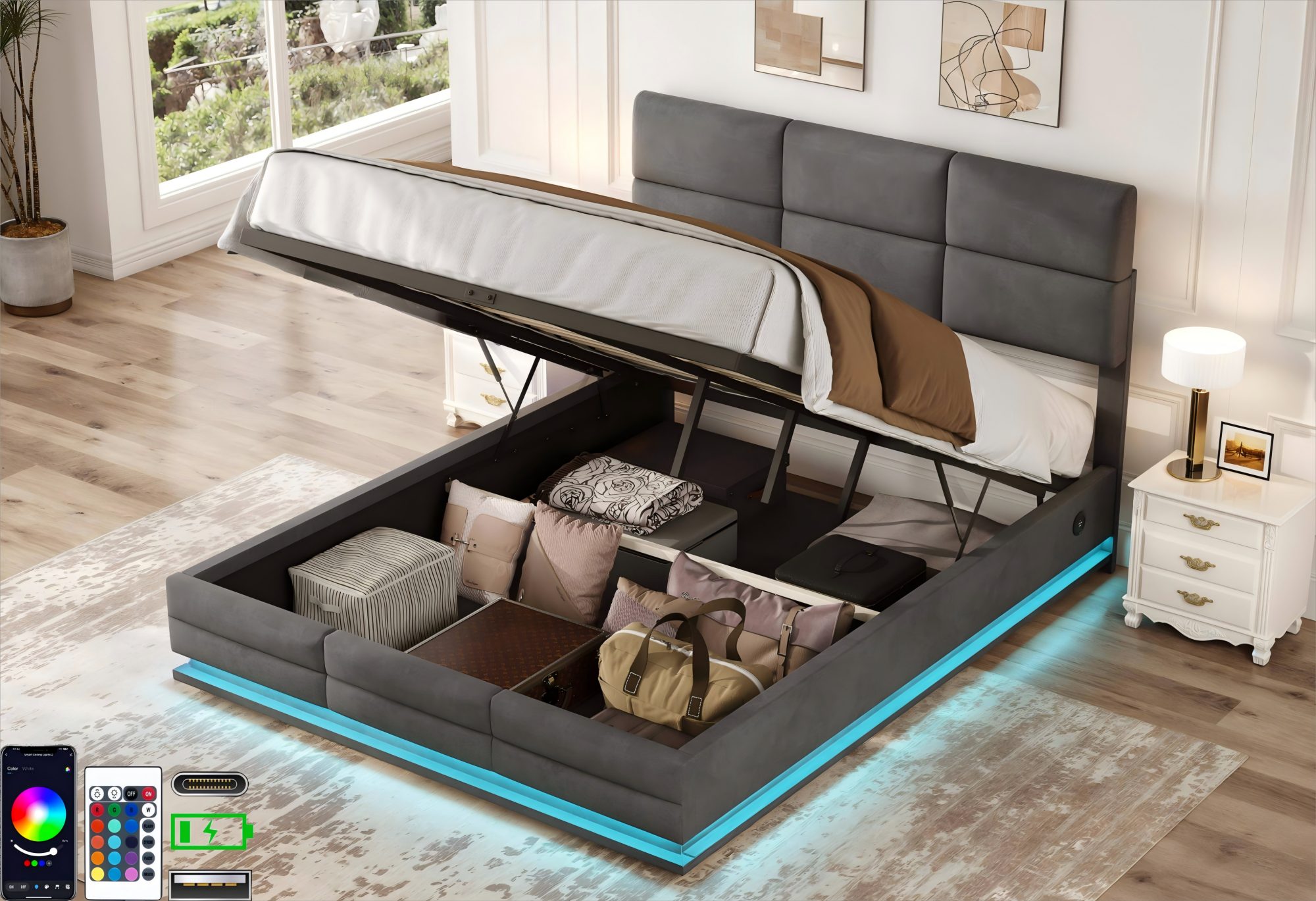 LVHOM Boxbett 90/140/160/180x200 cm mit LED, USB, Typ C-Ladeanschluss, Bettkasten (Weicher, hautfreundlicher Samtstoff, Leuchten in 16 Farben, Seitlicher Ladeanschluss, Integriertes Hydrauliksystem, Bettkasten Platzsparend, Bettgestell/Polsterbett/Doppelbett/Stauraumbett), Ideal für Schlafzimmer und Wohnungen, Moderner, tiefer Raum-Effekt