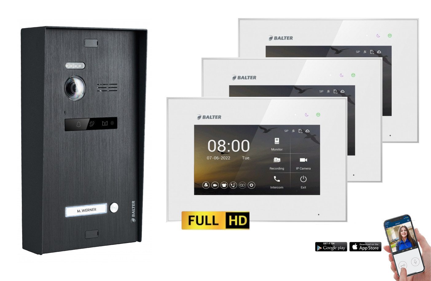Balter Video-Türsprechanlage BALTER EVO-HD Aufputz Türsprechanlage 1-Familienhaus Schwarz Weiß (Set, 1-Familienhaus, Komplettset, Full HD 175° Kamera, App-Steuerung)