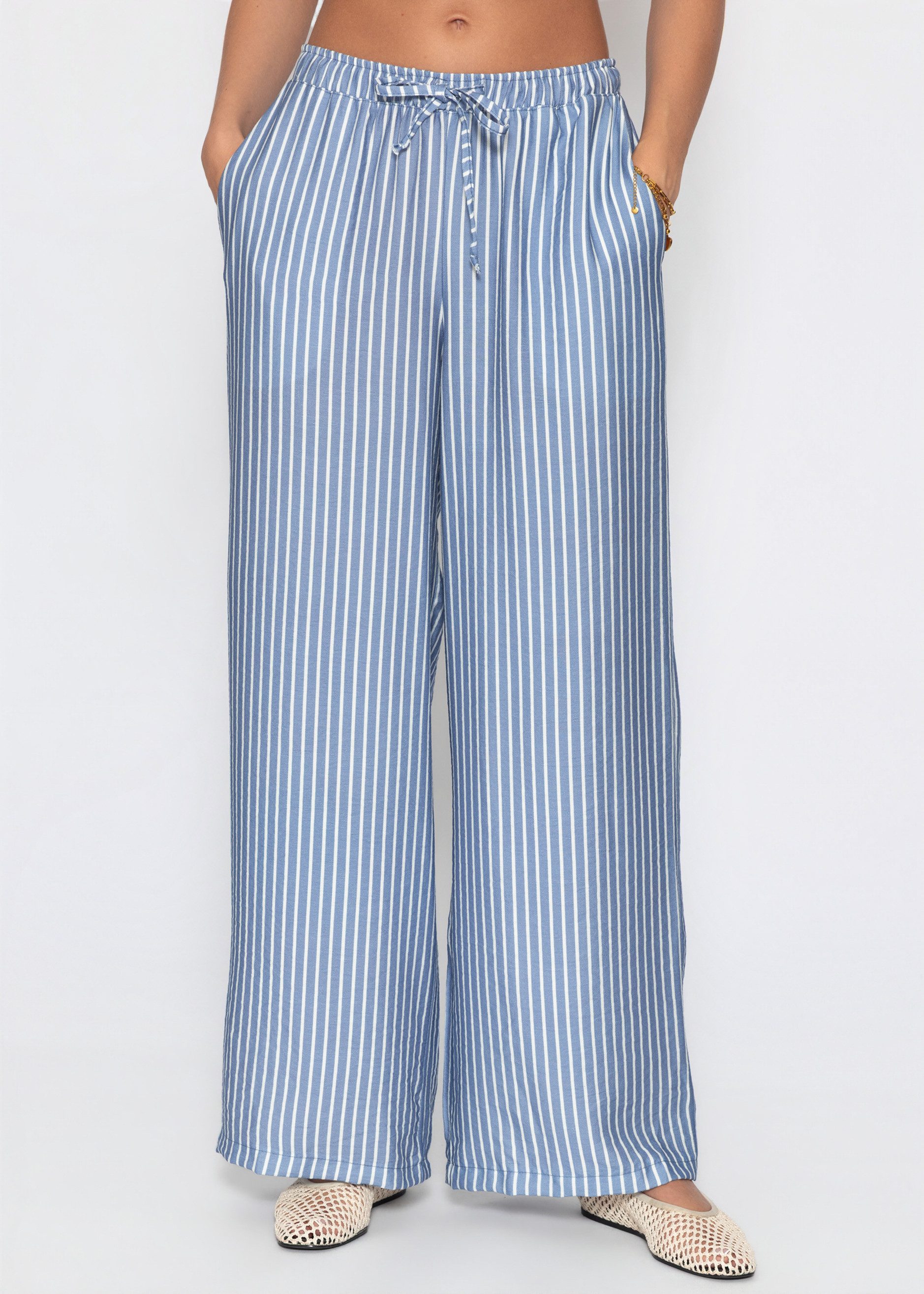 SASSYCLASSY Stoffhose Wide Leg Hose mit Streifen und Bindeband Damen Fließende Stoffhose mit Eingriffstaschen in High Waist Sitz Blau