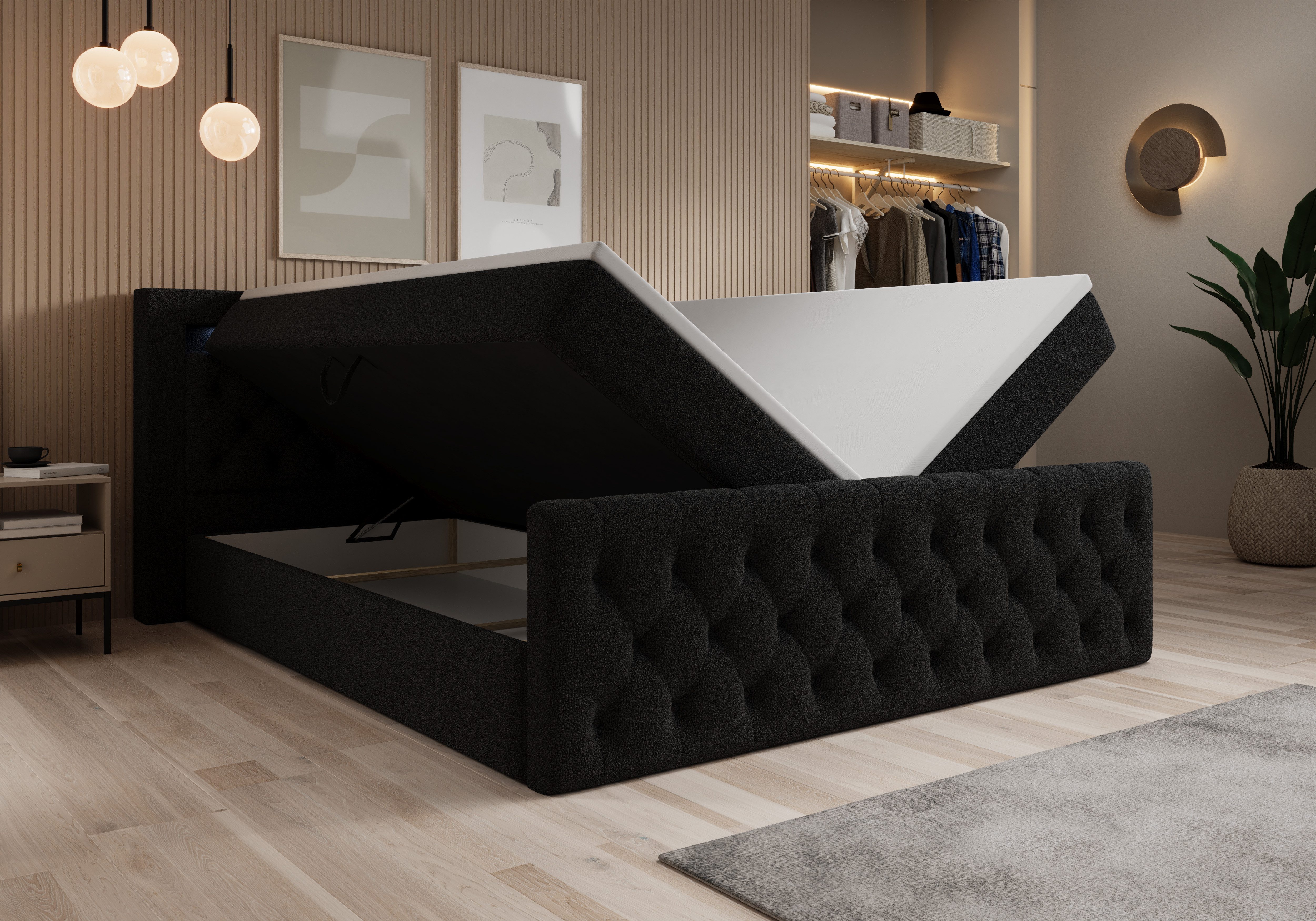 thematys Boxbett LED mit Bettkasten 140x200–200x200 cm – Velours oder Bouclé Bezug – (Polsterbett Bonnellfederkern Matratze H3 + Gratis 3cm Topper, Boxbett - Luxus Doppelbett mit Stauraum und LED)