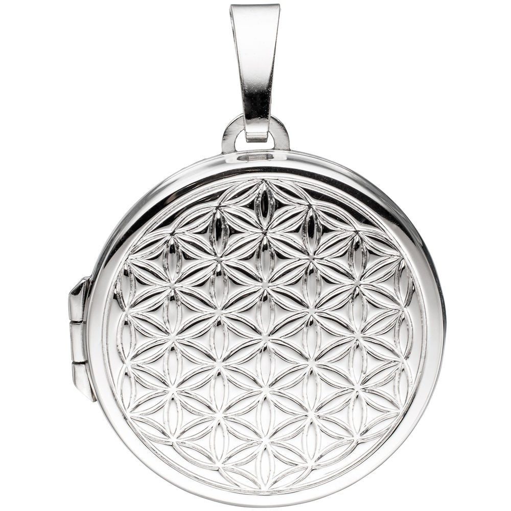 Schmuck Krone Kettenanhänger Medaillon für 2 Fotos, Lebensblume, 925 Silber, Silber 925