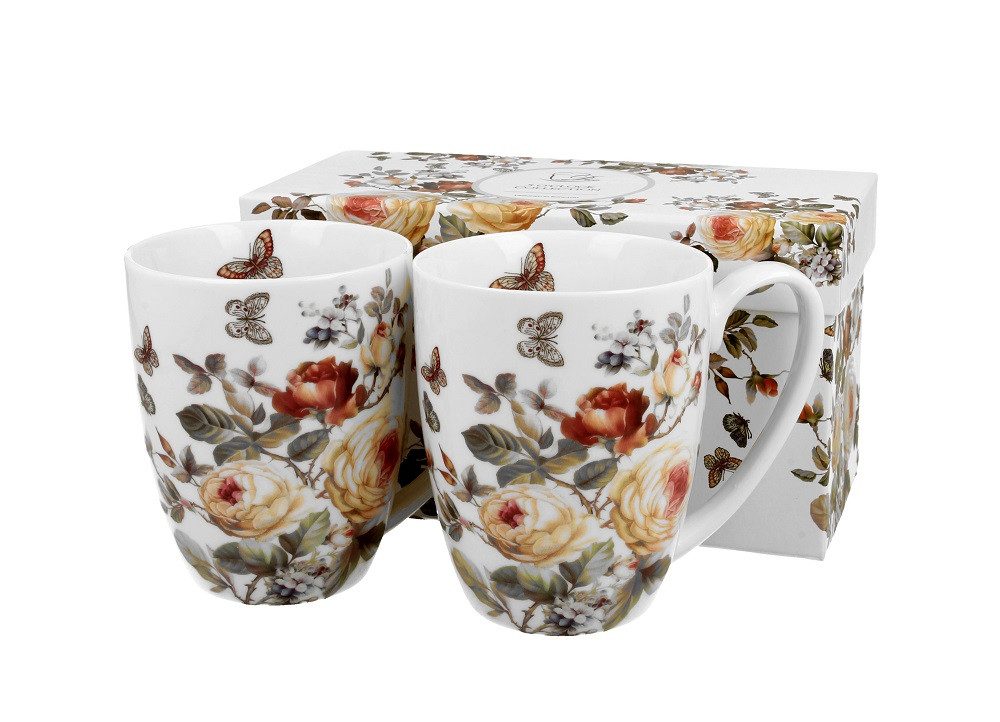 Duo-Gift Becher 2er Set Mug / Tee/KaffeeTasse /Bluimen / Tiere / Planzen, Porzellan Sommer Blumen / Schmetterling - Ein Set mit zwei 360-ml-Bechern klassische Чашки ZAHRA, Kollektion, mit Geschenkbox / Ideal als Geschenk