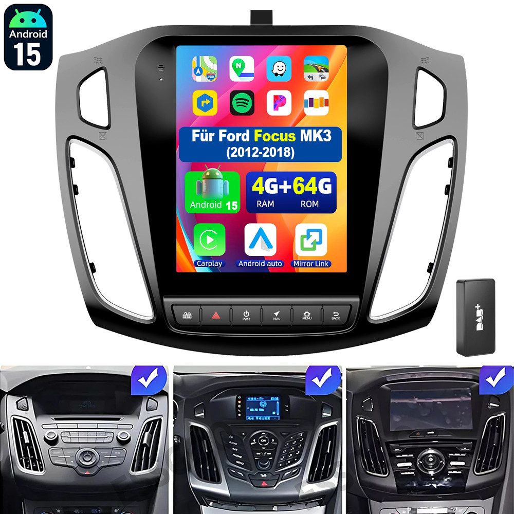 ESSGOO 9.7'' Android 15 CarPlay Autoradio für Ford Focus MK3 2012-2018 GPS BT Autoradio (RDS, 4+64GB(optional), Digitalradio (DAB), FM, AM, BT4.1, SWC, Carplay Android Auto Bluetooth EQ USB GPS Navi WIFI Touchscreen)