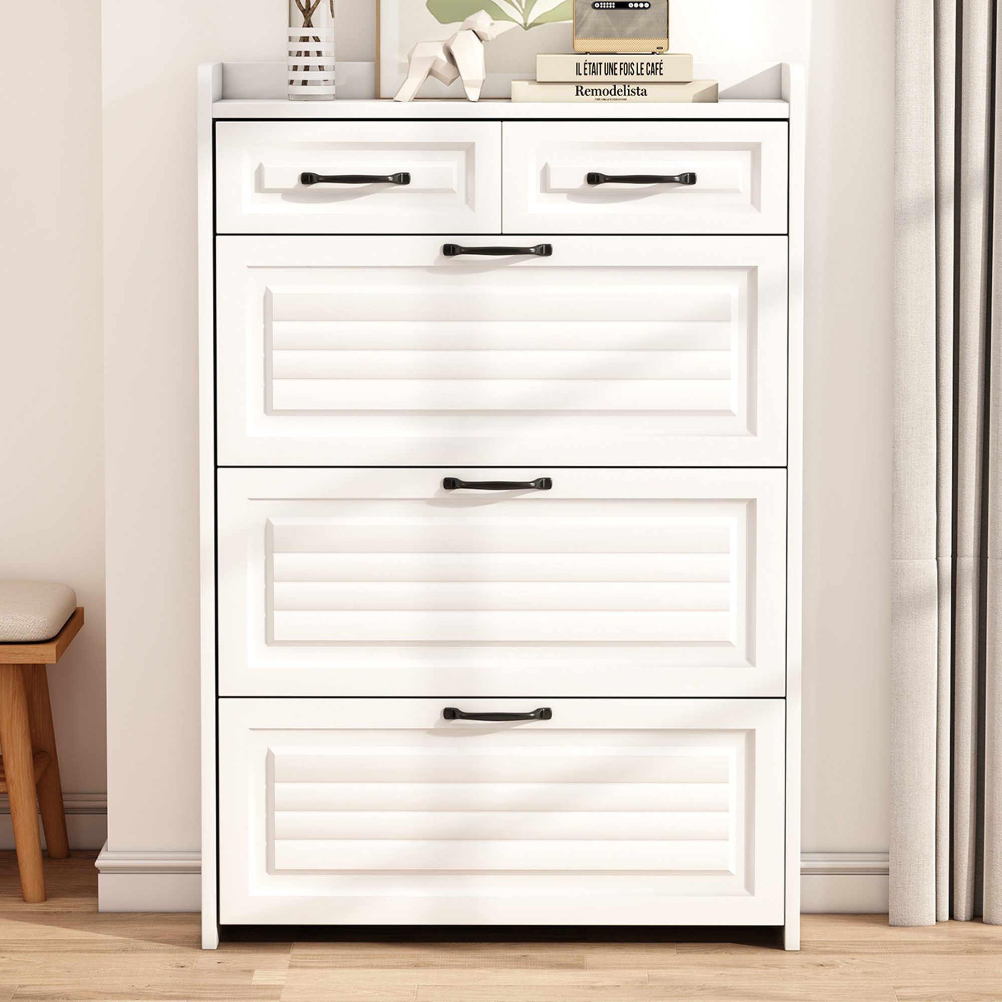 IDEASY Schuhschrank Schuhschrank mit 3 Klappen und 2 Schubladen aus Holz (3 umklappbare Schuhregale, bietet Platz) für 18–24 Paar Schuhe, Metallgriff