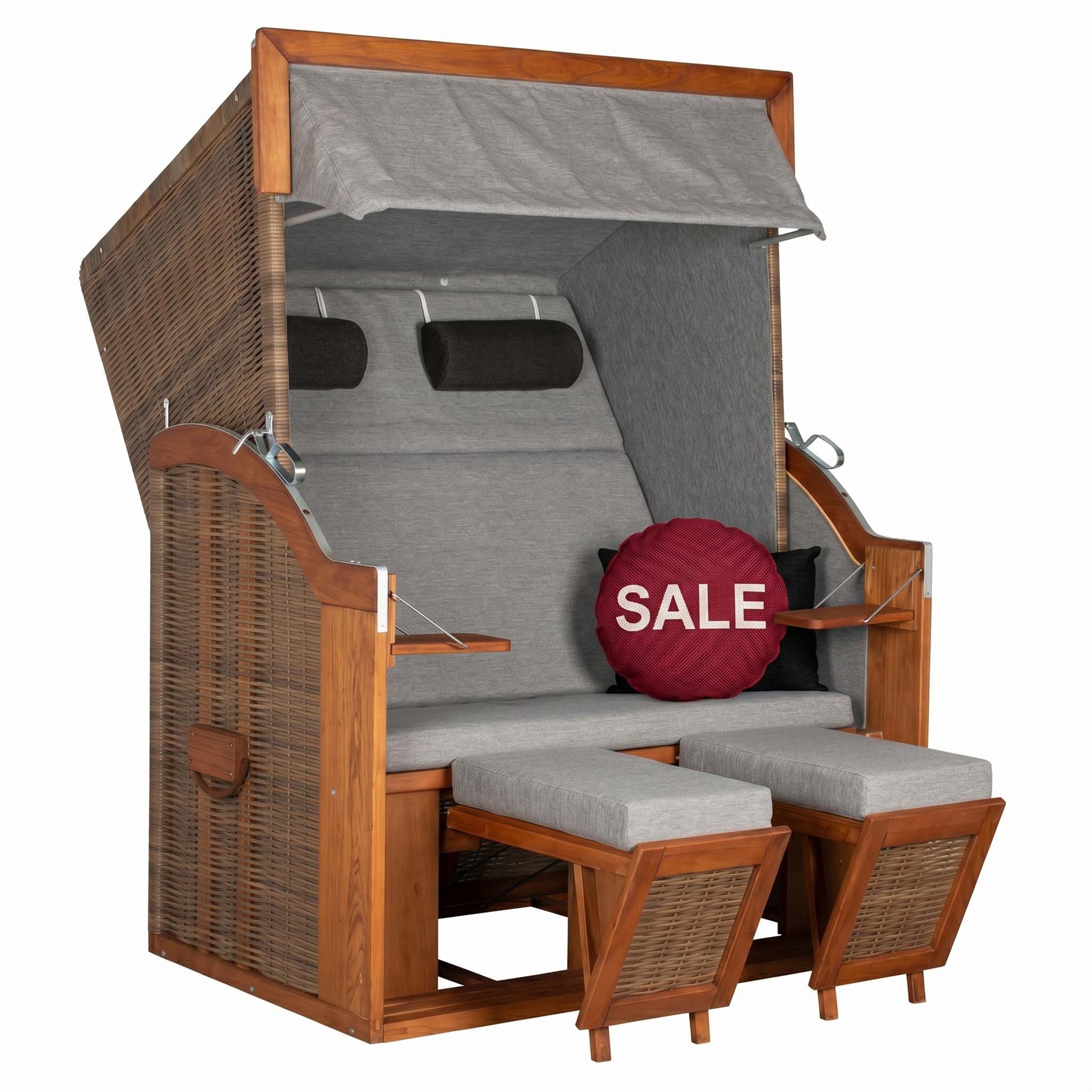 MR.DEKO Strandkorb Tinnum 2-Sitzer Pinie PE griseum, wetterfest, 5 Stufen Verstellbarkeit, BxTxH: 115x92x38 cm, Tinnum, Tinnum, (Selbstmontage, einfacher Aufbau des Vollliegers), 2-Sitzer Strandkorb wetterfest für Terasse und Balkon
