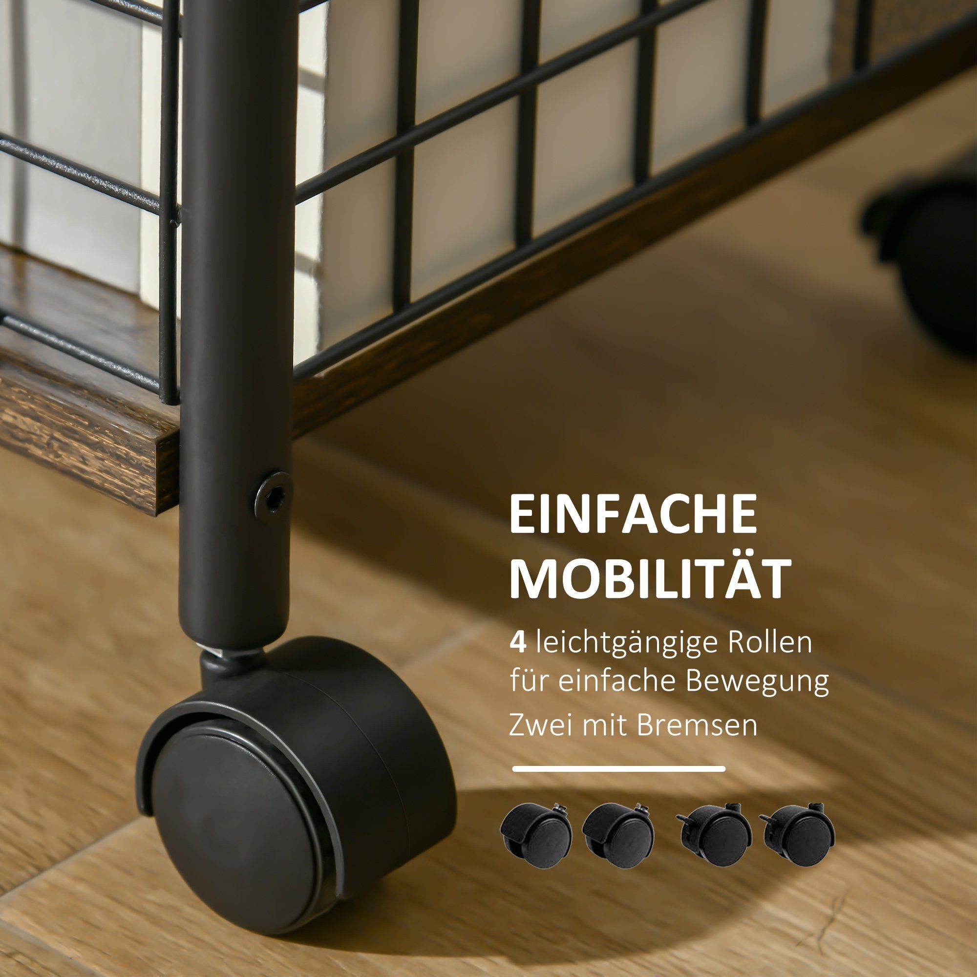 HOMCOM Servierwagen Küchenwagen Rollwagen mit 3 Ebenen und 2 Aufbewahrungskörben, (Küchenrollwagen, 1 St., Küchentrolley), Rustikal-Braun 40 x 30 x 62 cm – Bild 5 von 5