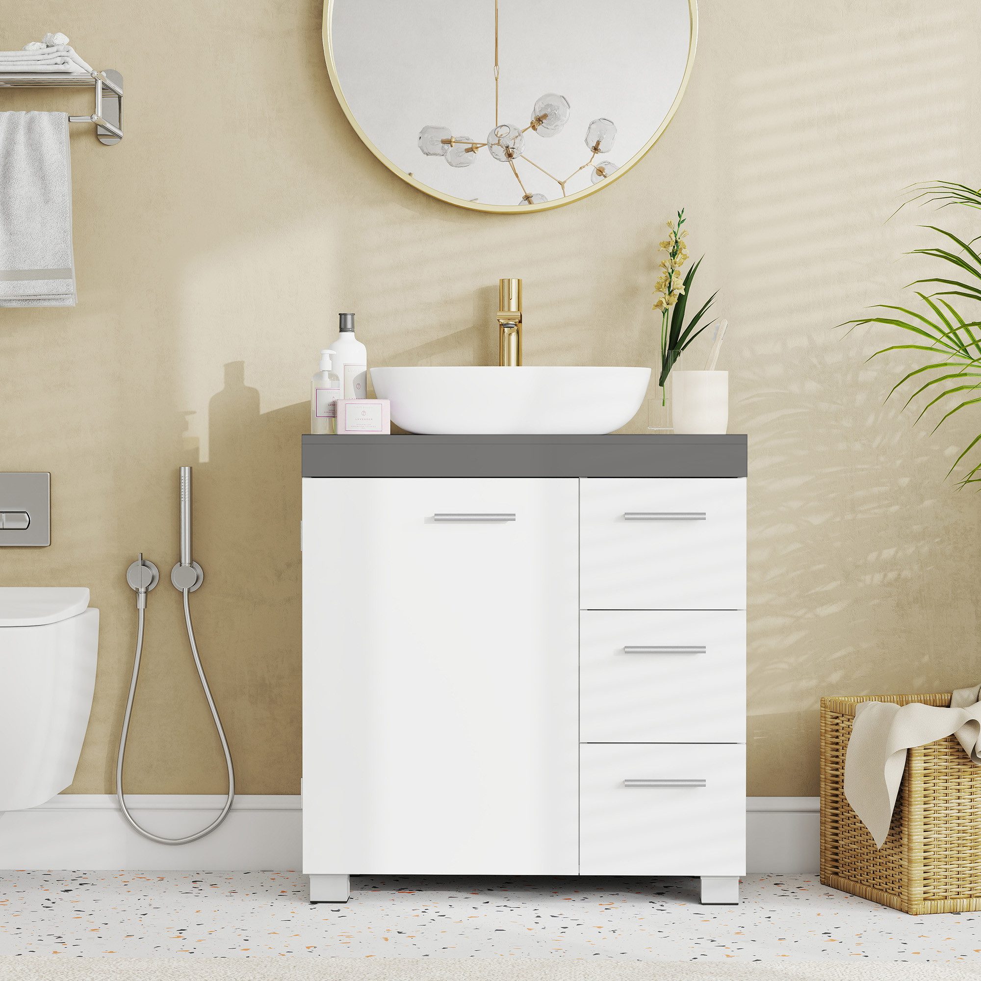 VASAGLE Waschbeckenunterschrank Badezimmerschrank Badschrank mit 3 großen Schubladen, 2 Fächer hinter der Tür, Breite 60/70 cm