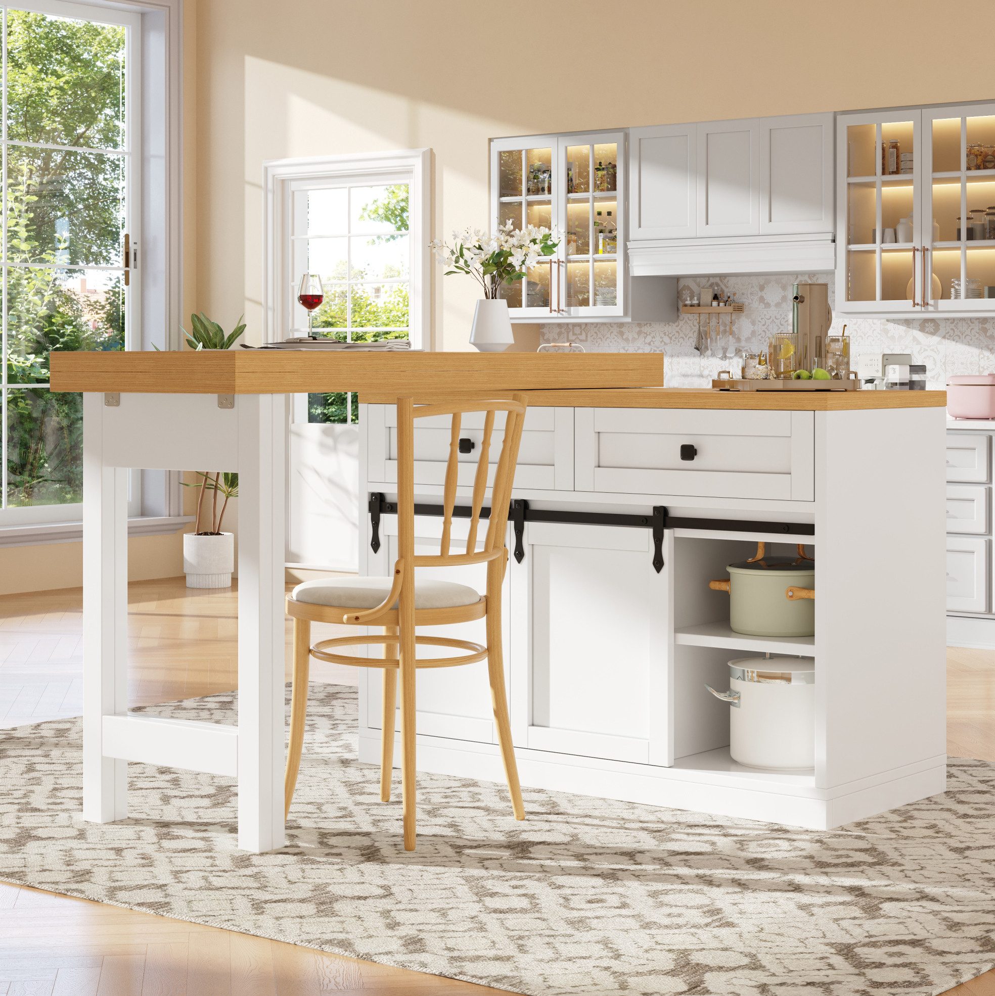 REDOM Kücheninsel Küchenmöbel 120–197cm mit 360° Rotation und Barn-Stil Design, (Einlegeböden verstellbar mit 2 Schubladen für mehr Ordnung), Weißer Küchenschrank mit Schiebetüren und Stauraumfächern