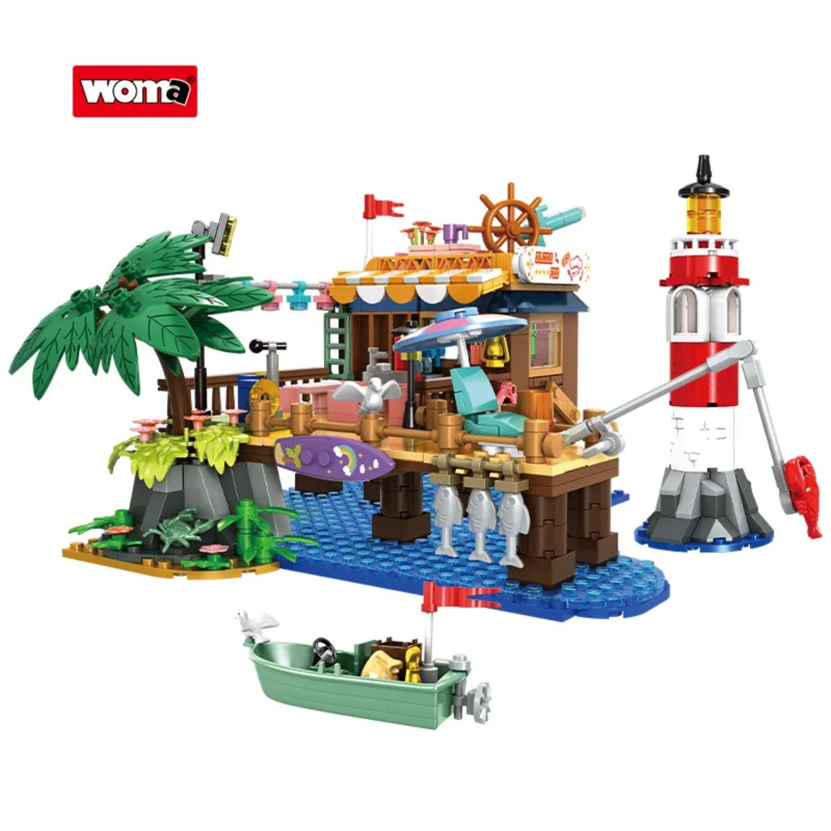 Woma W41136 Spielbausteine, (Angel-Spielset, 603 St., Maritime Angelszene aus 603 Teilen mit Steg und Angel), Maritime Angelszene mit Steg, Angel und zahlreichen Details