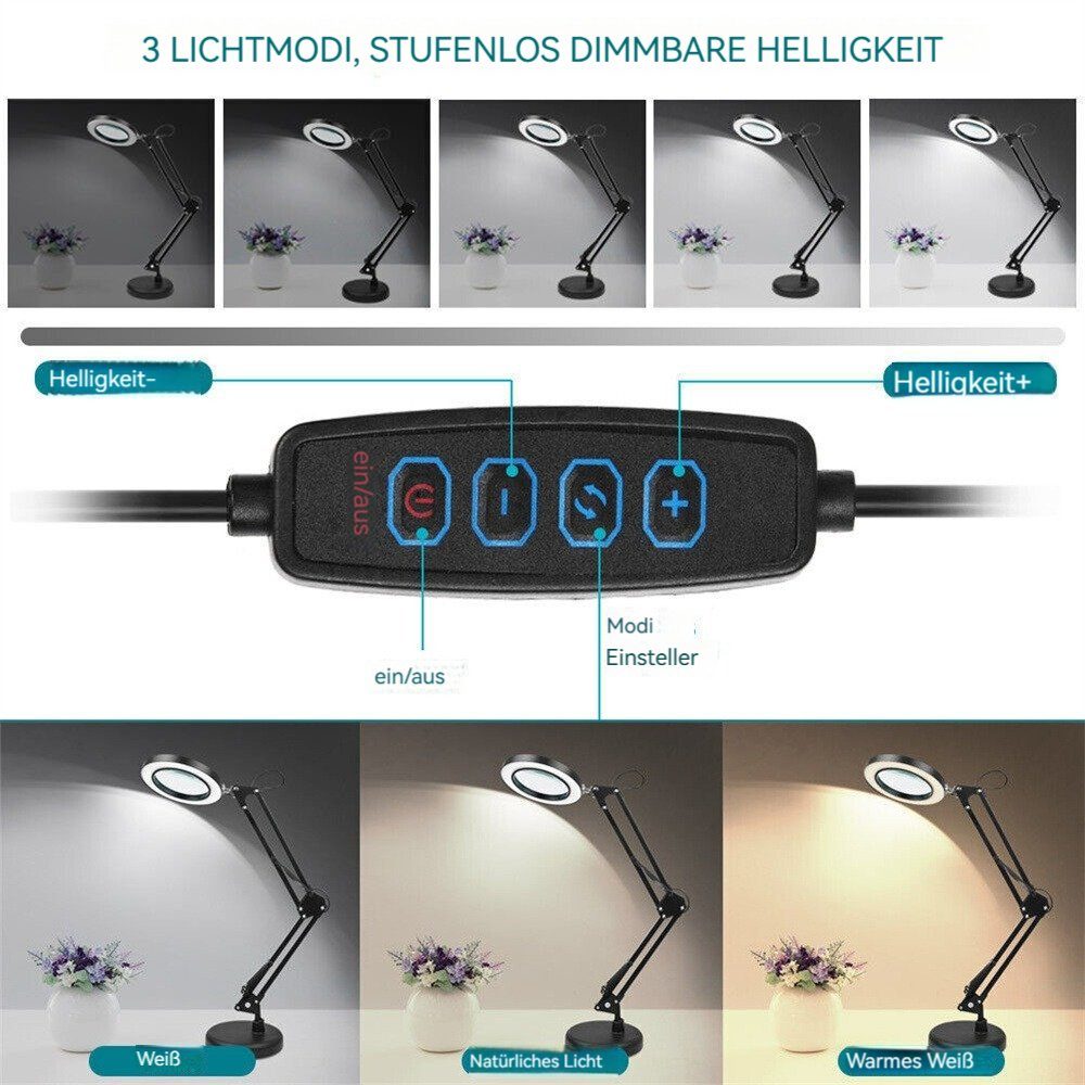 LED Dekorative und stufenlos 2-in-1 Lupe Licht Schreibtischlampe mit LED-Schreibtischlampe, Ständer dimmbare