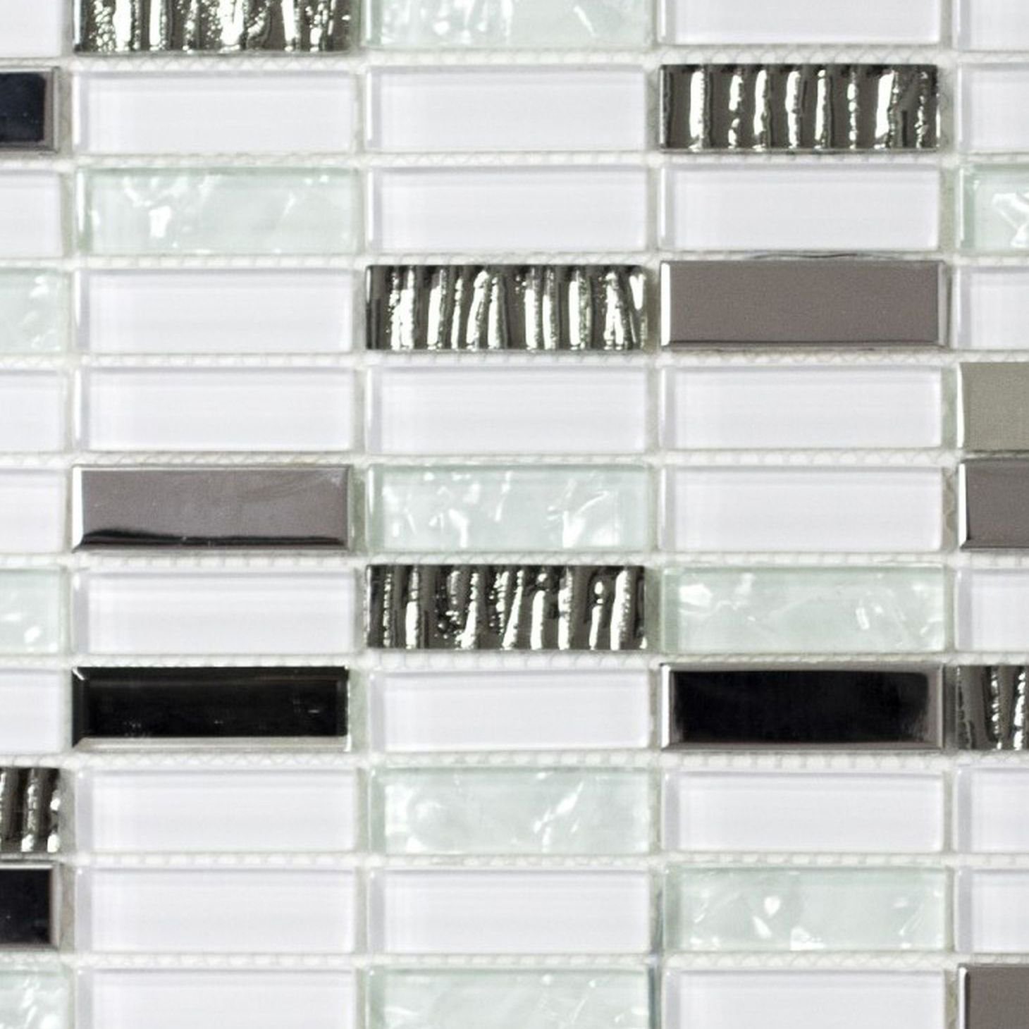 Mosani Mosaikfliesen Glasmosaik Mosaikfliesen Stäbchen weiss Edelstahl silber