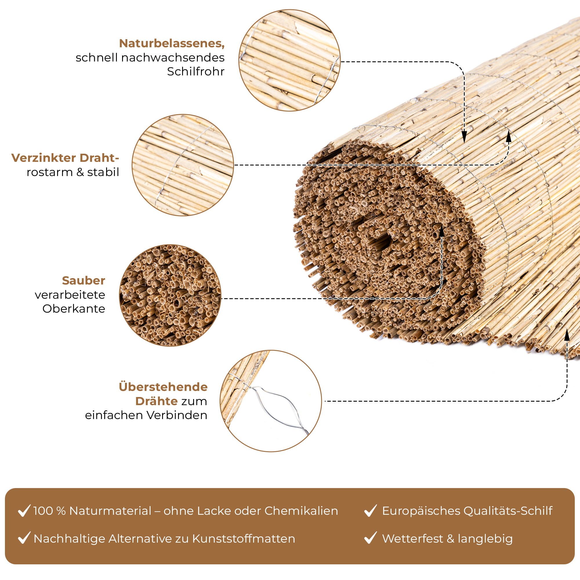 BooGardi Sichtschutzzaunmatten Schilfrohrmatte Zaun Balkonsichtschutz natur in 12 Größen, (1-St., Sichtschutzmatte Schilf Höhe 90cm x Länge 300cm), Sichtschutz  – Bild 5 von 5