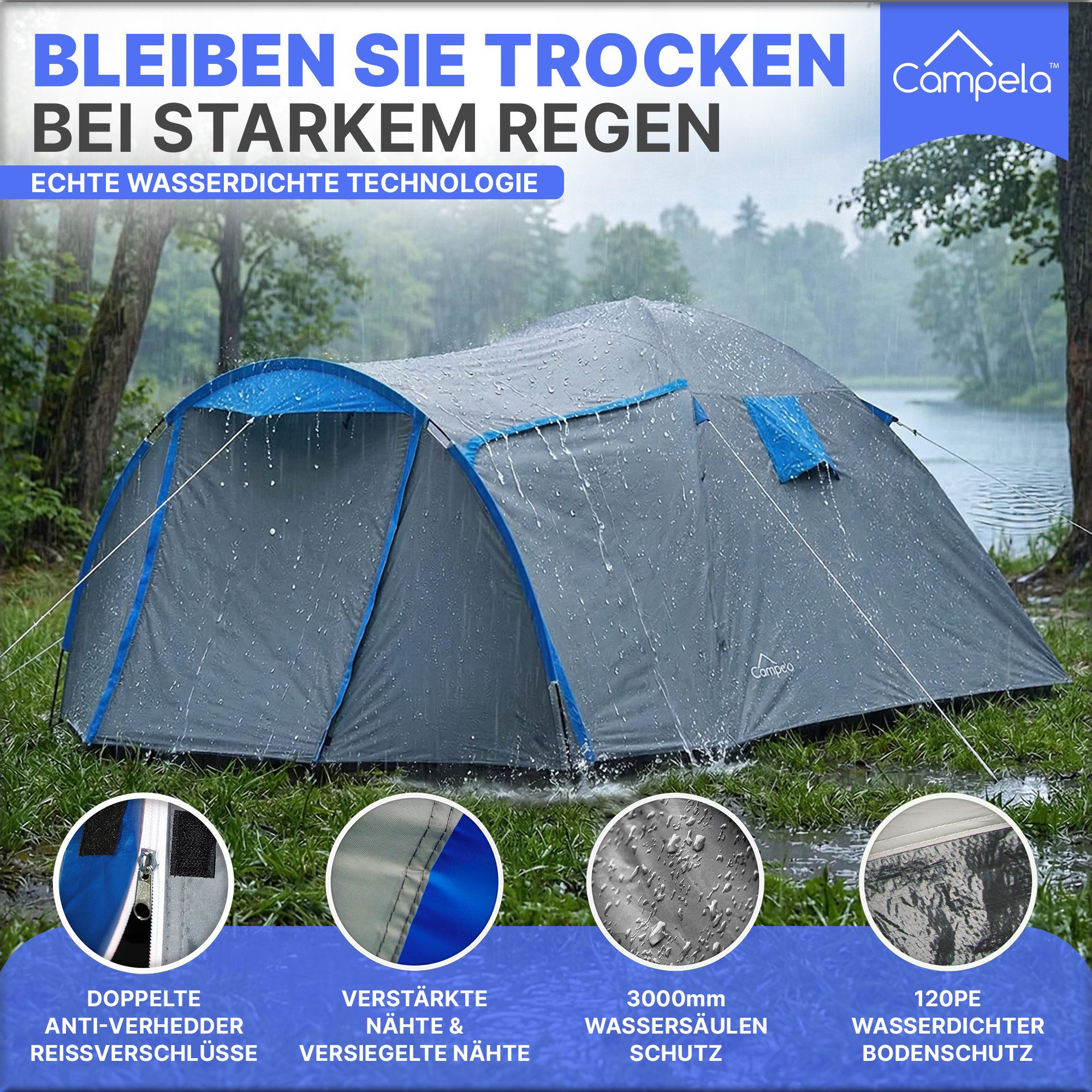 Campela Biwakzelt Familienzelt 4 Personen – wasserdicht 3000 mm – Camping – Vorraum, Personen: 4